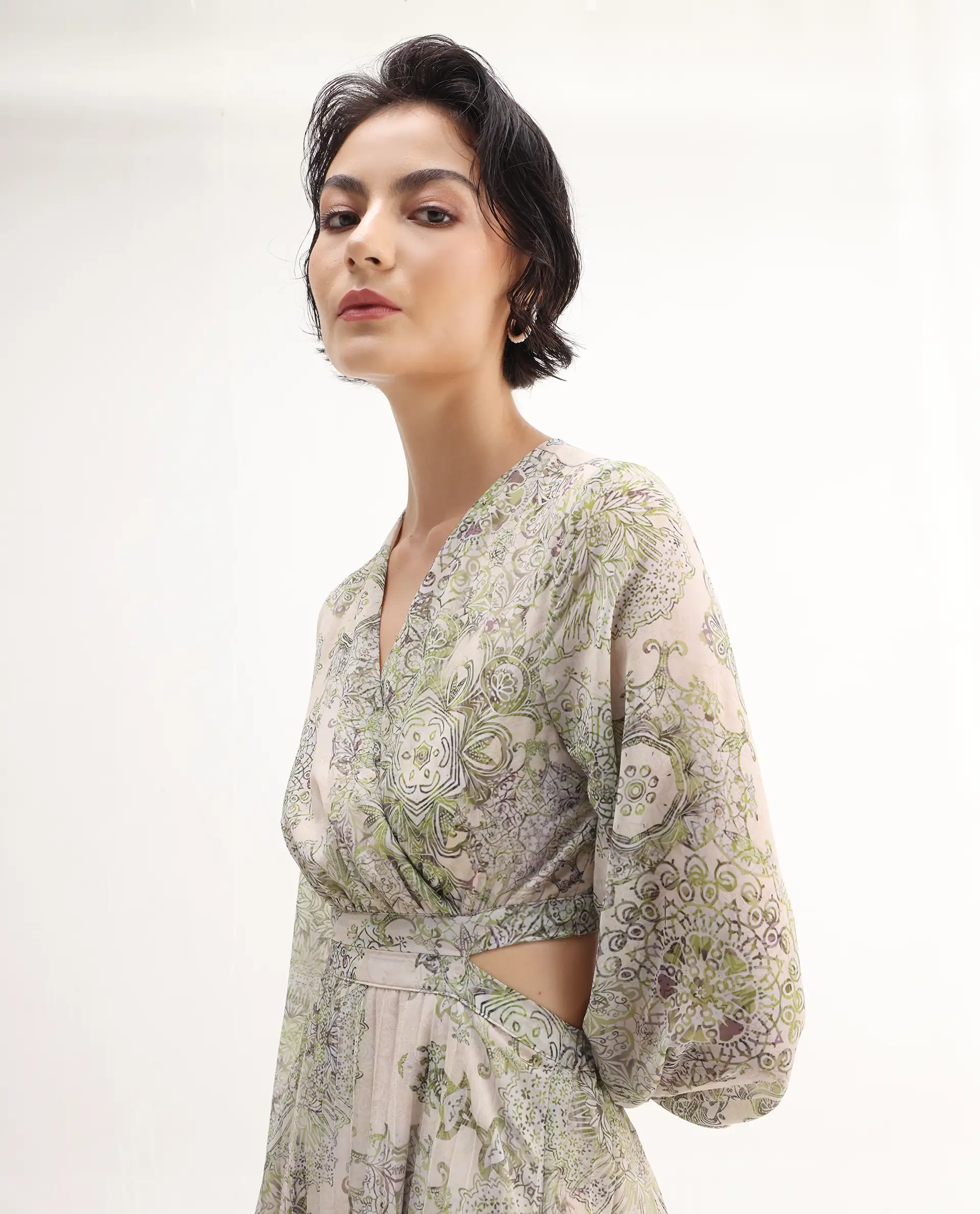 Rareism Women's Ronmus Light Green Polyester V-Neck Abstract Print Bishop Sleeve Maxi Fit And Flare Dress - Image 3