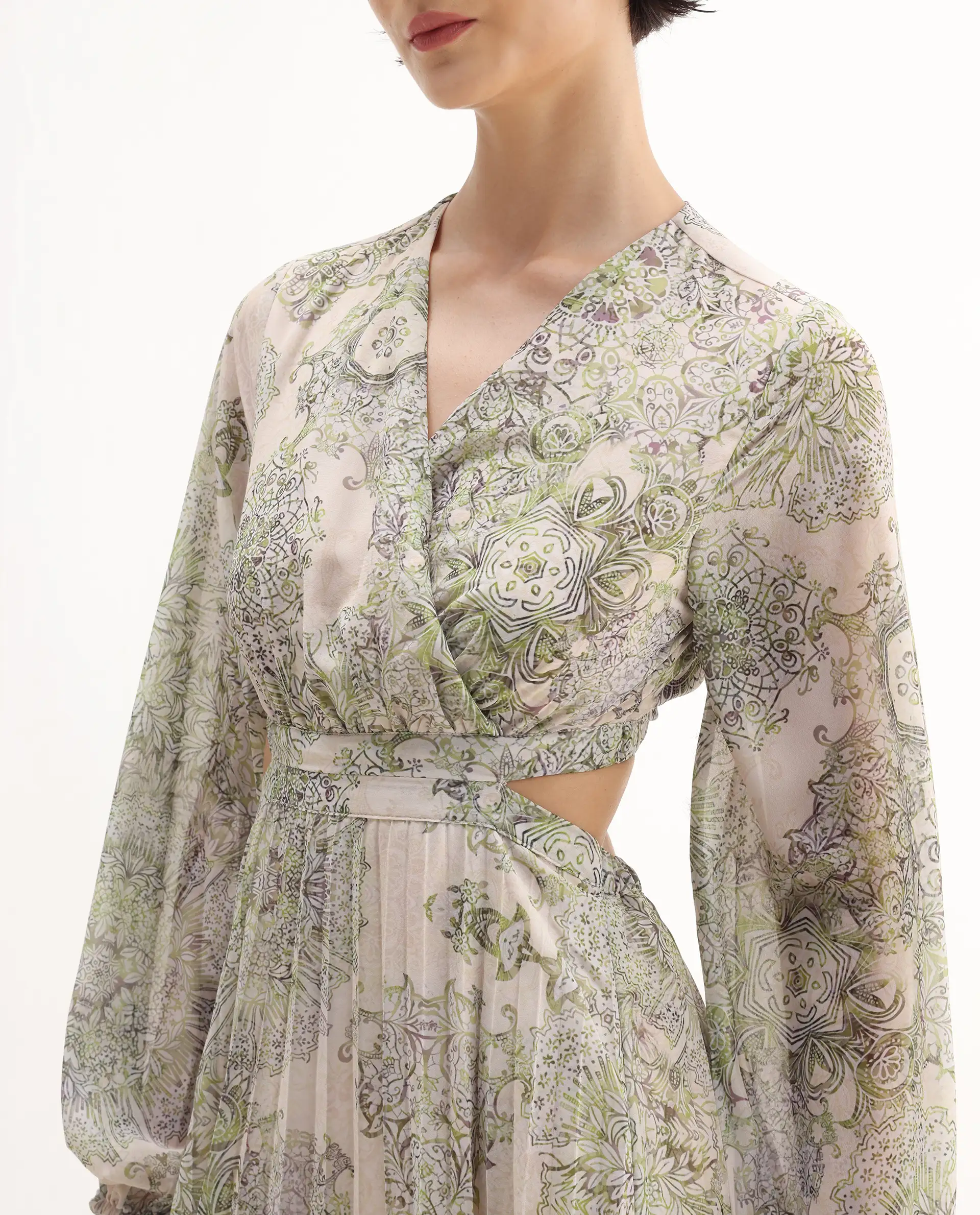 Rareism Women's Ronmus Light Green Polyester V-Neck Abstract Print Bishop Sleeve Maxi Fit And Flare Dress - Image 4