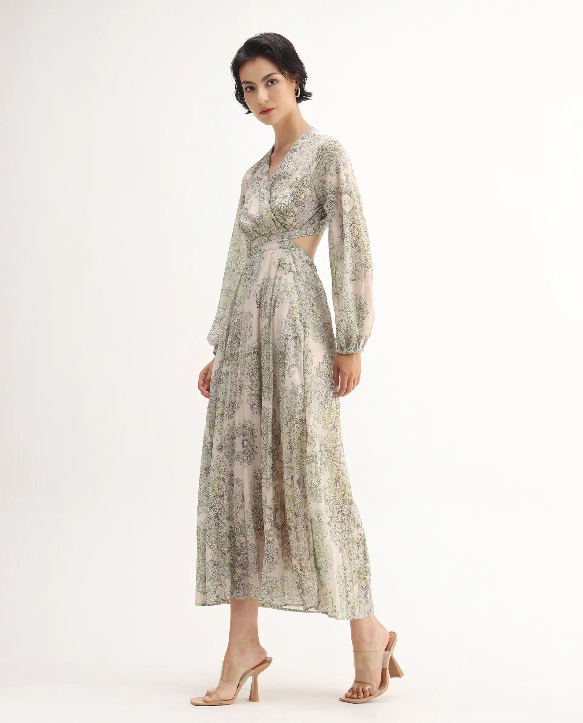 Rareism Women's Ronmus Light Green Polyester V-Neck Abstract Print Bishop Sleeve Maxi Fit And Flare Dress - Image 6