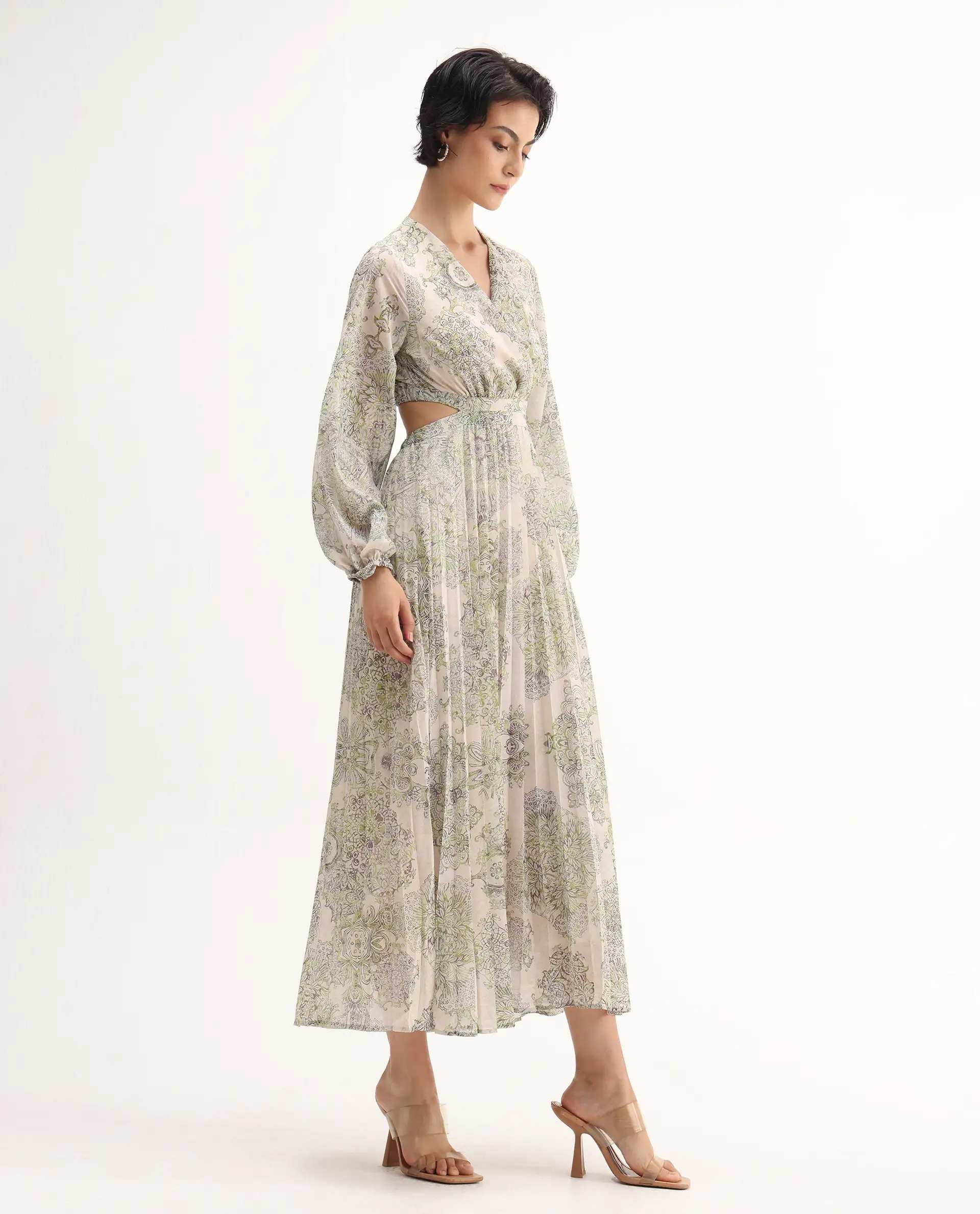Rareism Women's Ronmus Light Green Polyester V-Neck Abstract Print Bishop Sleeve Maxi Fit And Flare Dress - Image 7