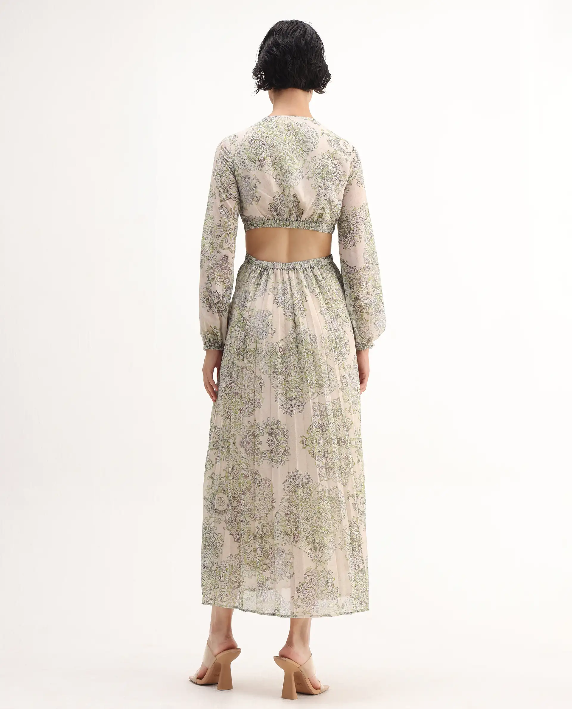 Rareism Women's Ronmus Light Green Polyester V-Neck Abstract Print Bishop Sleeve Maxi Fit And Flare Dress - Image 8