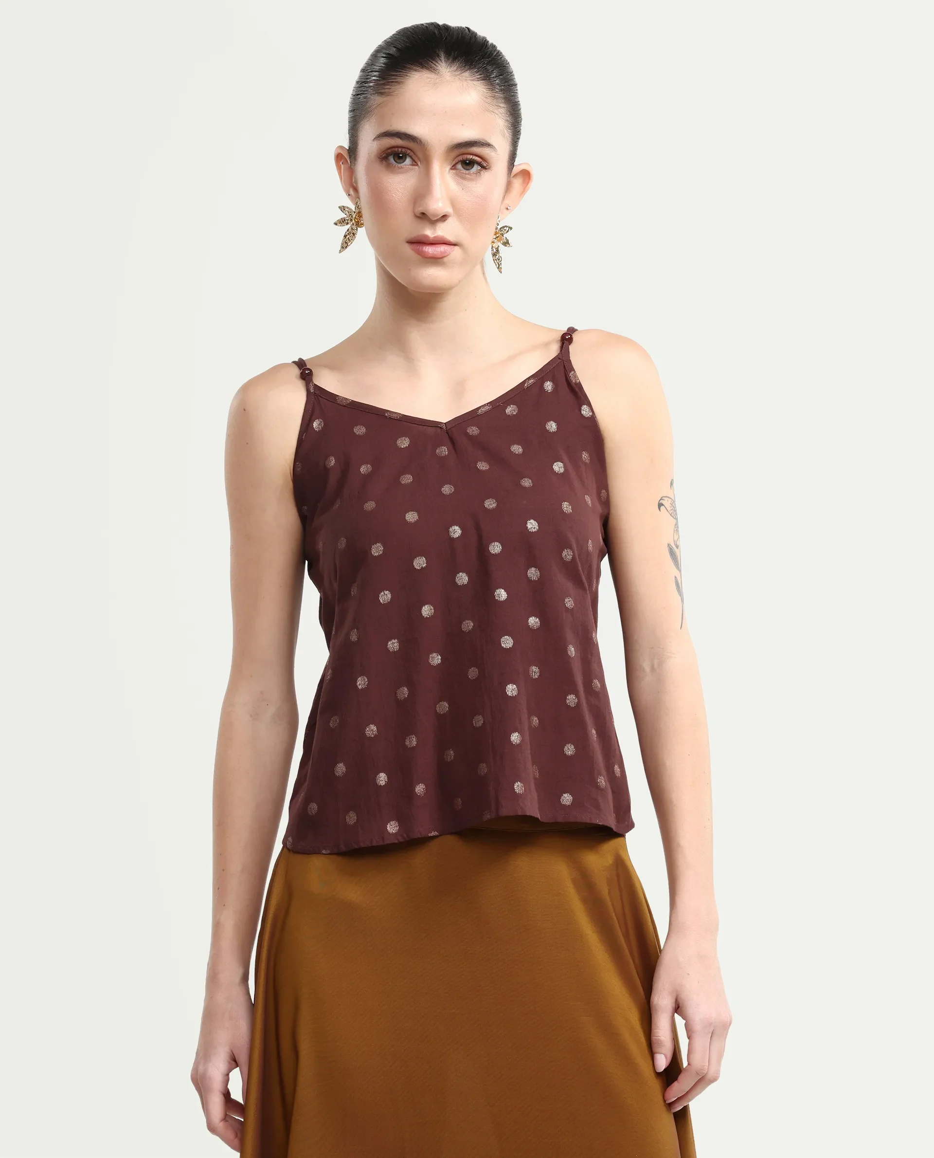 Rareism Women's Ronn Dusky Brown Cotton V-Neck Plain Sleeveless Relaxed Fit Top - Image 3