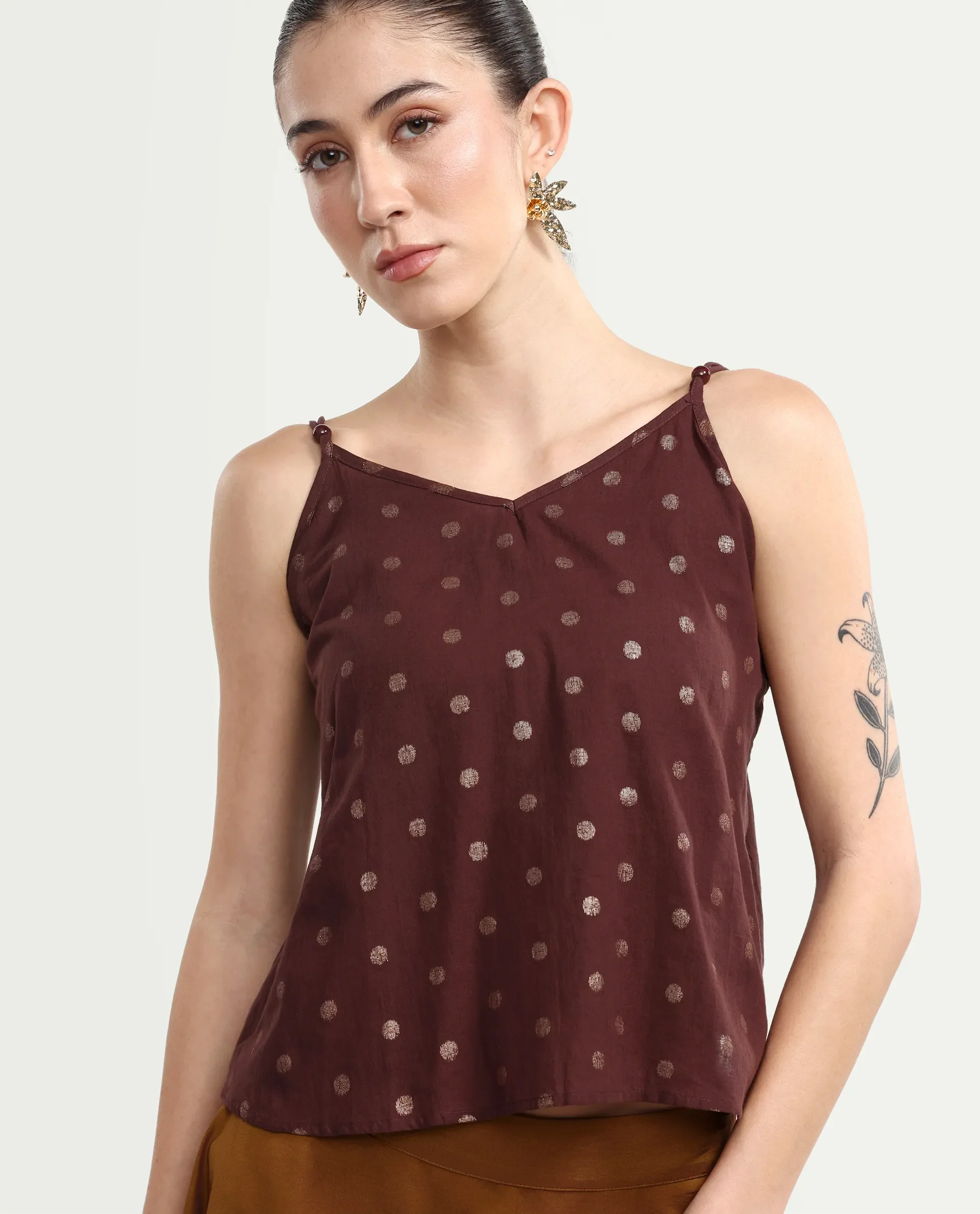 Rareism Women's Ronn Dusky Brown Cotton V-Neck Plain Sleeveless Relaxed Fit Top - Image 4