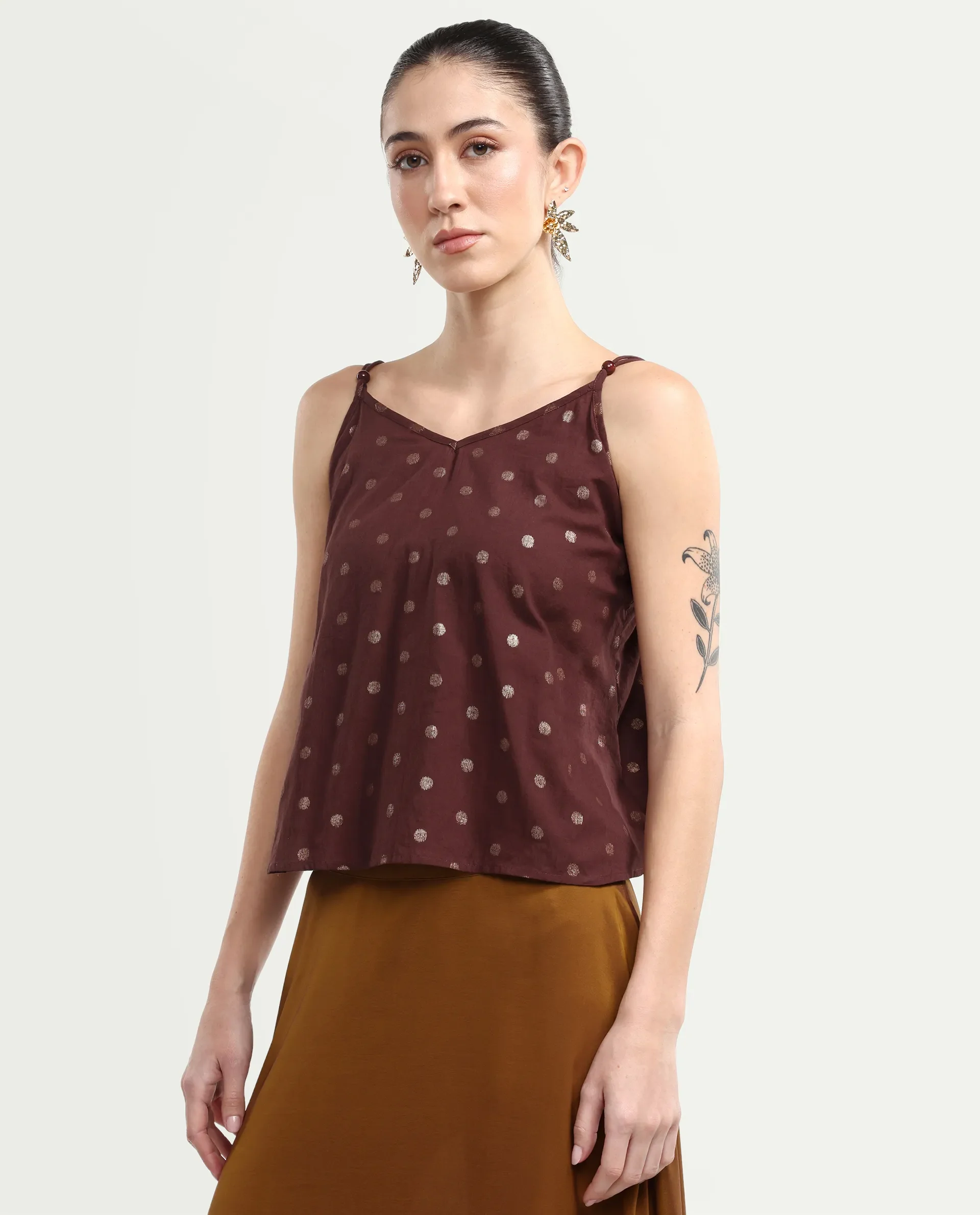 Rareism Women's Ronn Dusky Brown Cotton V-Neck Plain Sleeveless Relaxed Fit Top - Image 5