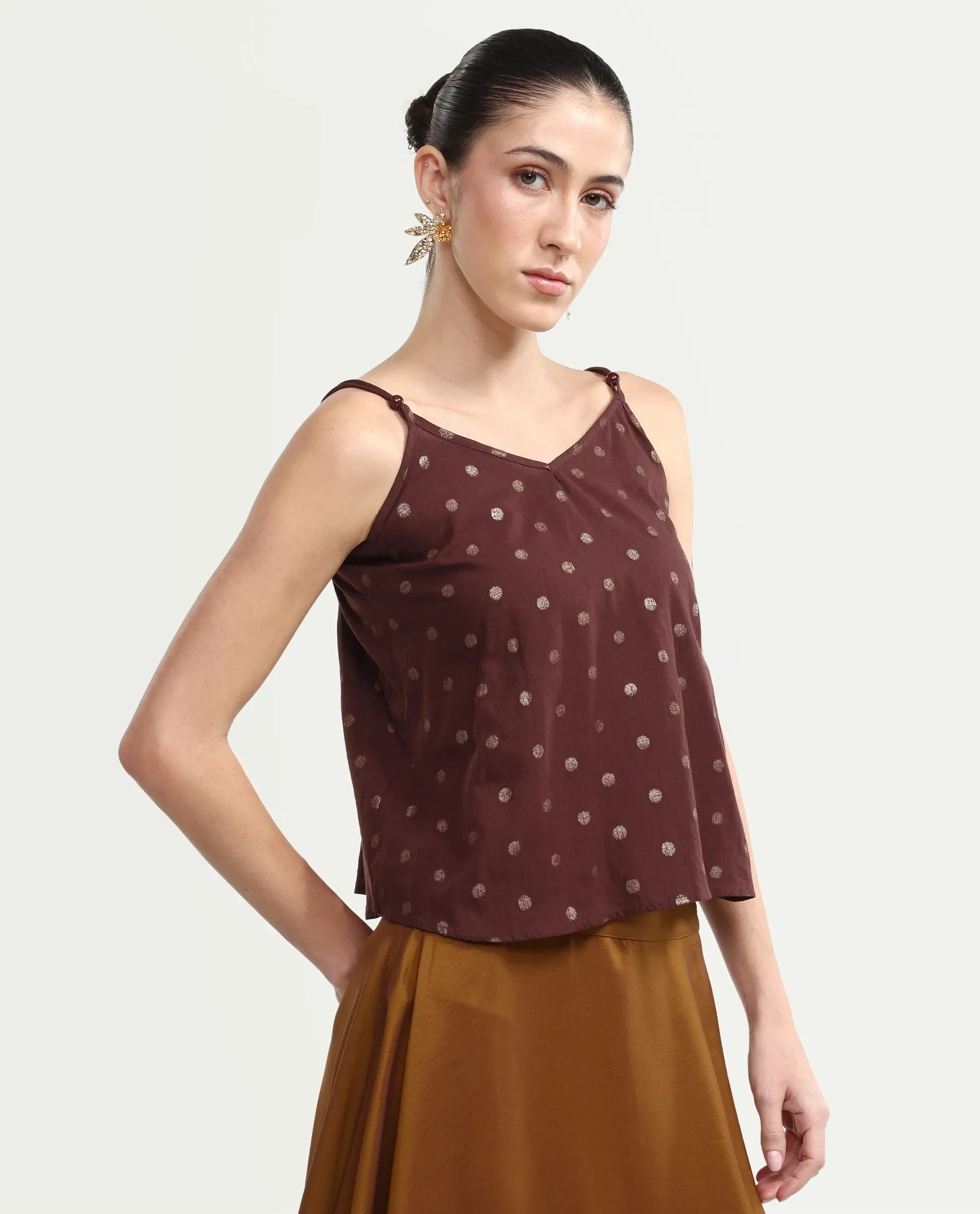 Rareism Women's Ronn Dusky Brown Cotton V-Neck Plain Sleeveless Relaxed Fit Top - Image 6