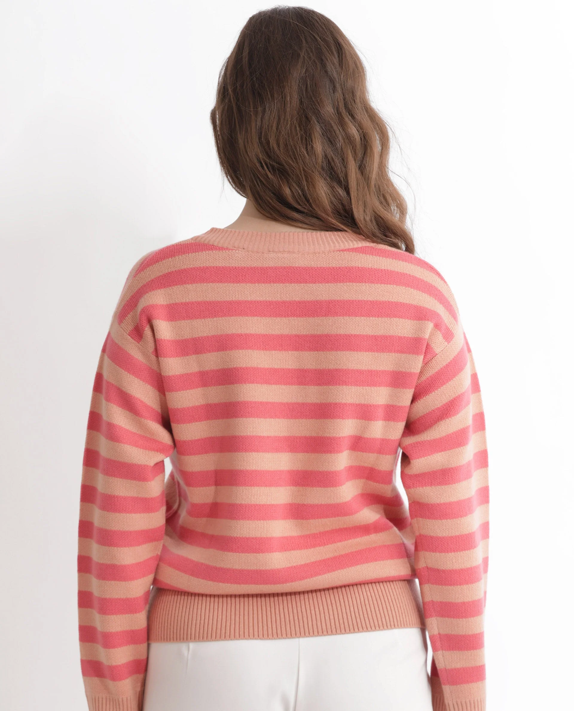 Rareism Women's Ronnie Dark Pink Acrylic V-Neck Striped Relaxed Fit Sweater - Image 12