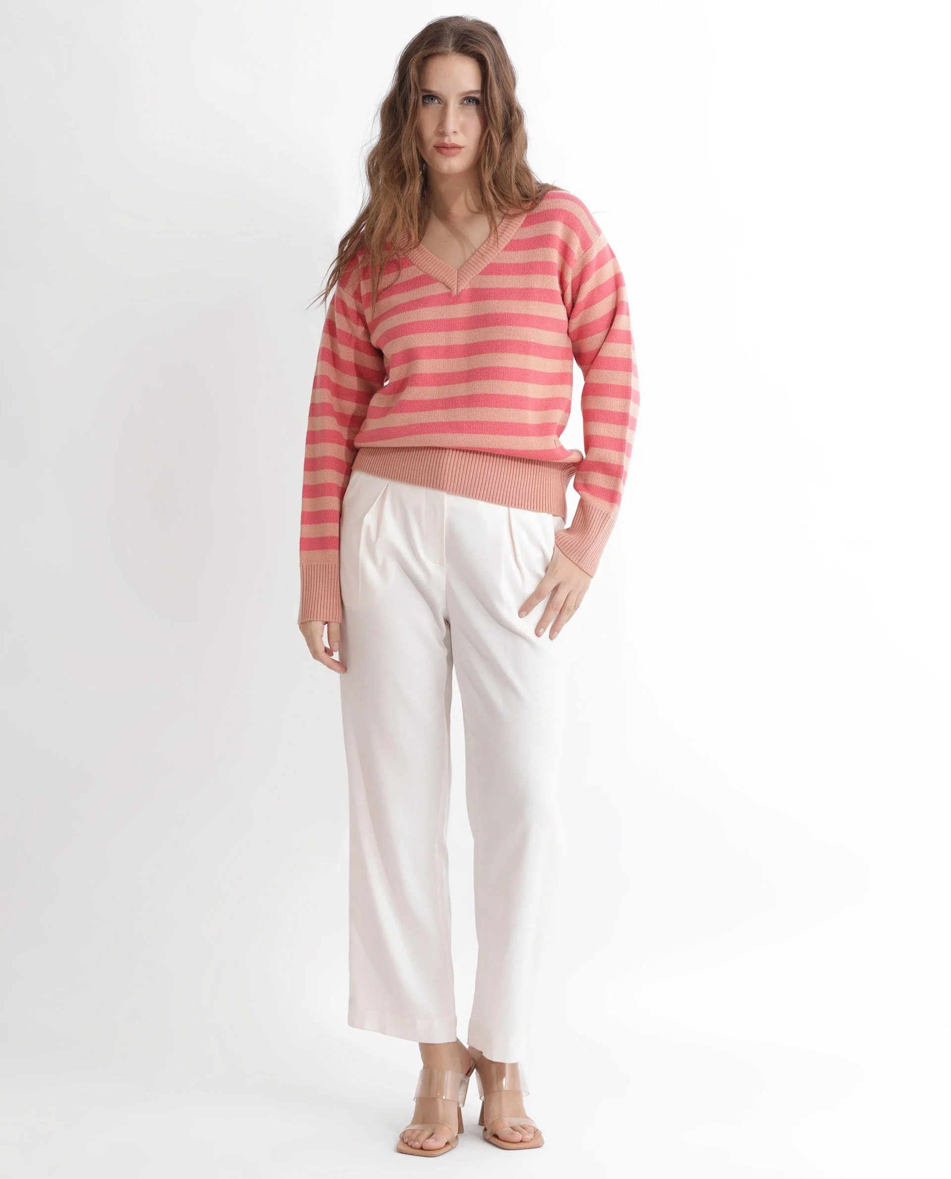 Rareism Women's Ronnie Dark Pink Acrylic V-Neck Striped Relaxed Fit Sweater - Image 2