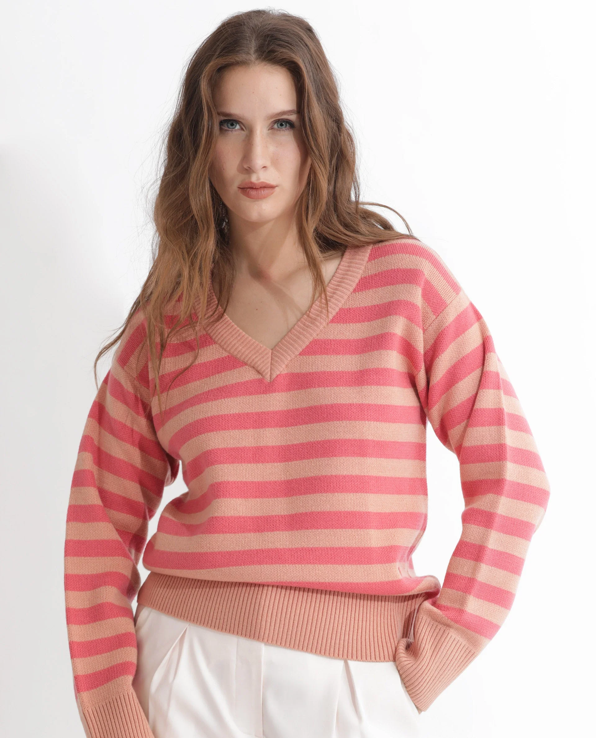 Rareism Women's Ronnie Dark Pink Acrylic V-Neck Striped Relaxed Fit Sweater - Image 3