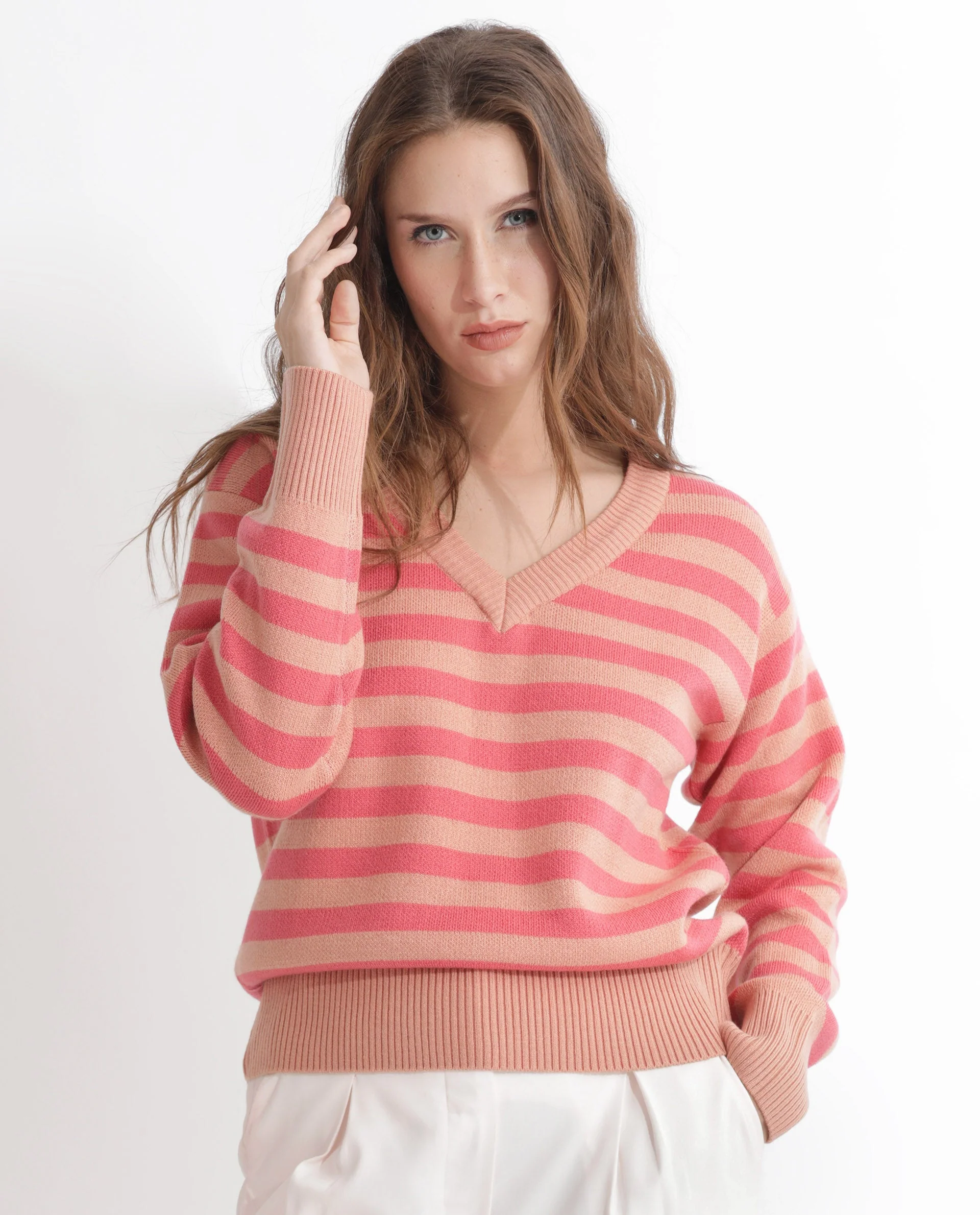 Rareism Women's Ronnie Dark Pink Acrylic V-Neck Striped Relaxed Fit Sweater - Image 5