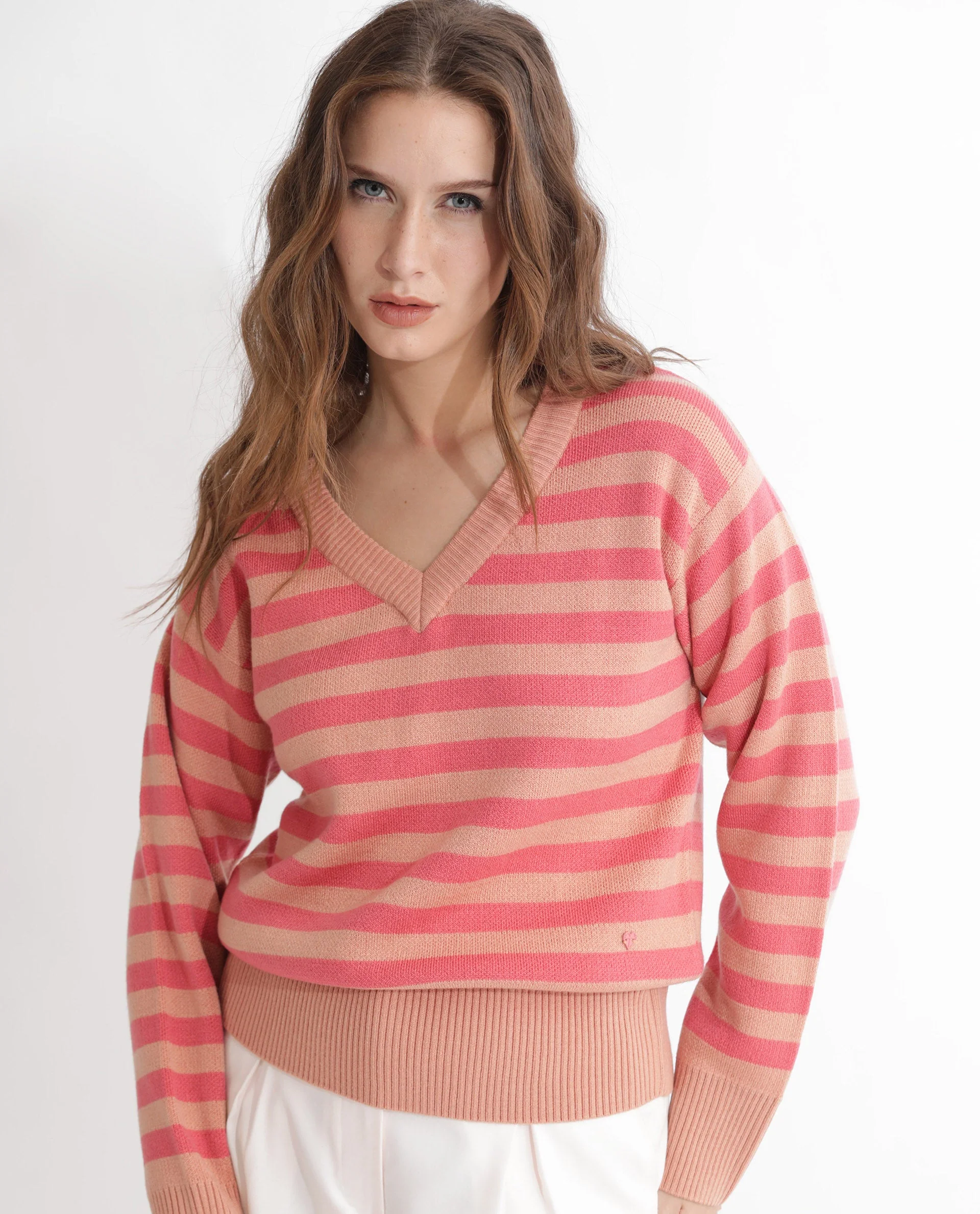 Rareism Women's Ronnie Dark Pink Acrylic V-Neck Striped Relaxed Fit Sweater - Image 7