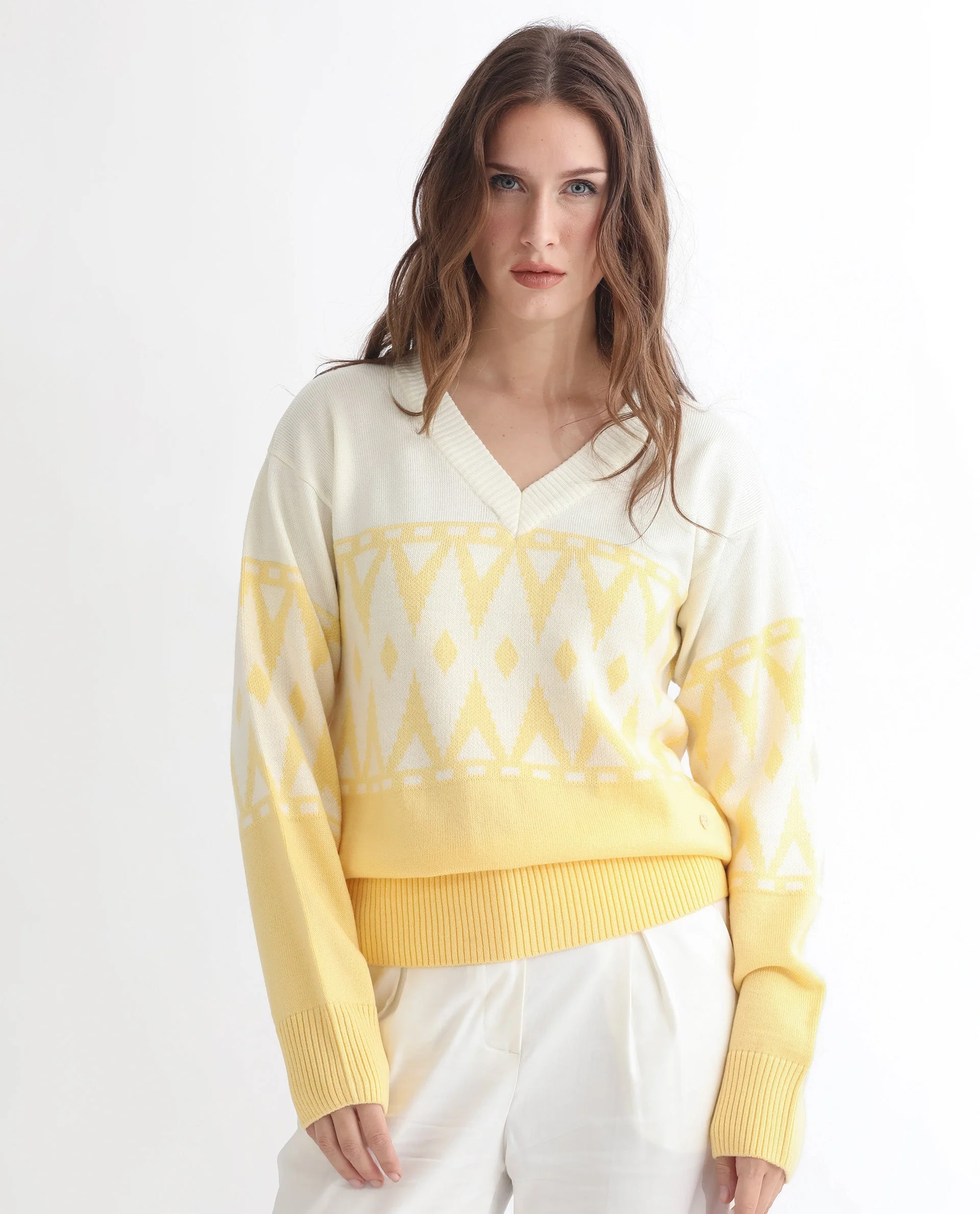 Rareism Women's Ronnie Yellow Acrylic V-Neck Color Block Relaxed Fit Sweater