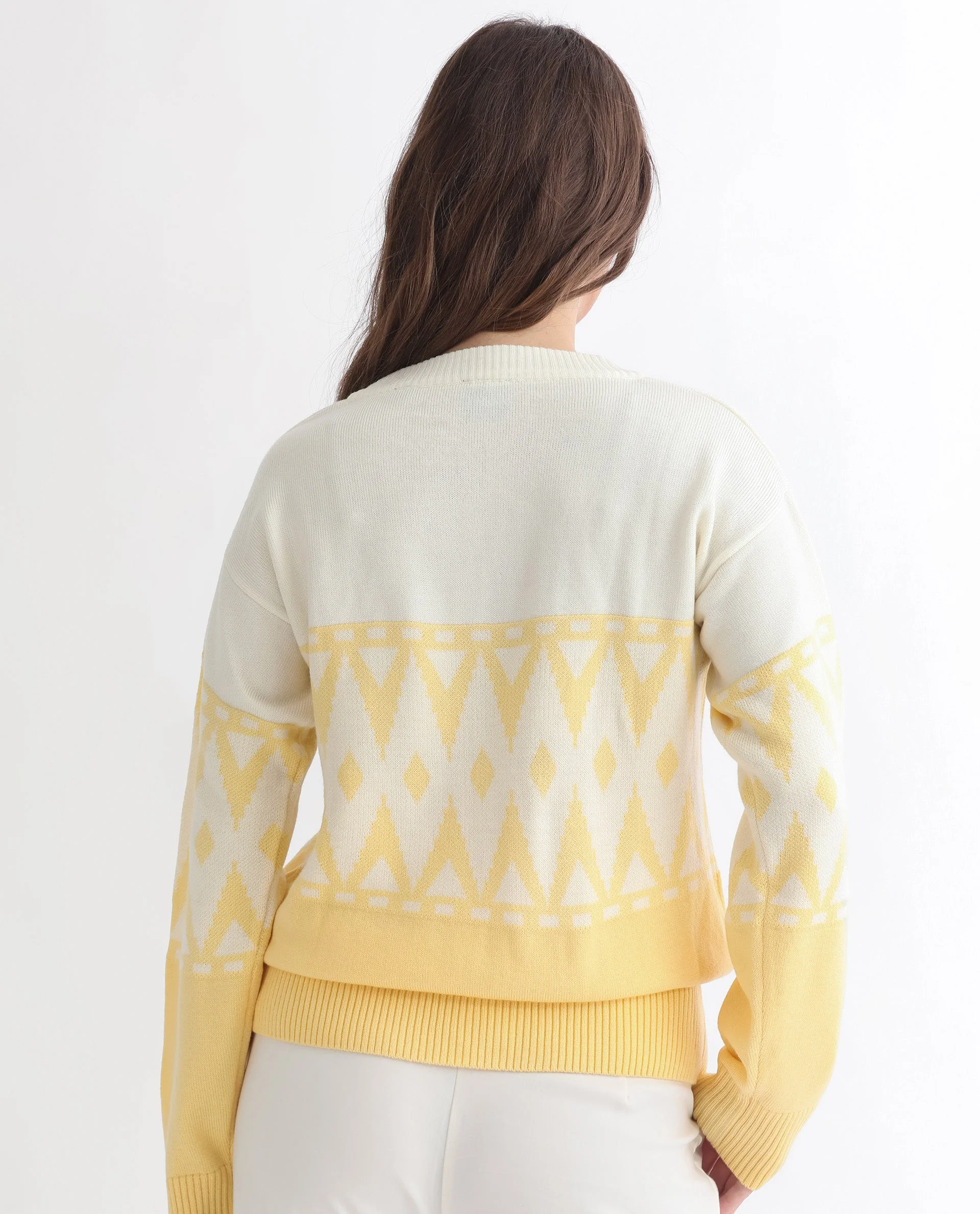 Rareism Women's Ronnie Yellow Acrylic V-Neck Color Block Relaxed Fit Sweater - Image 13