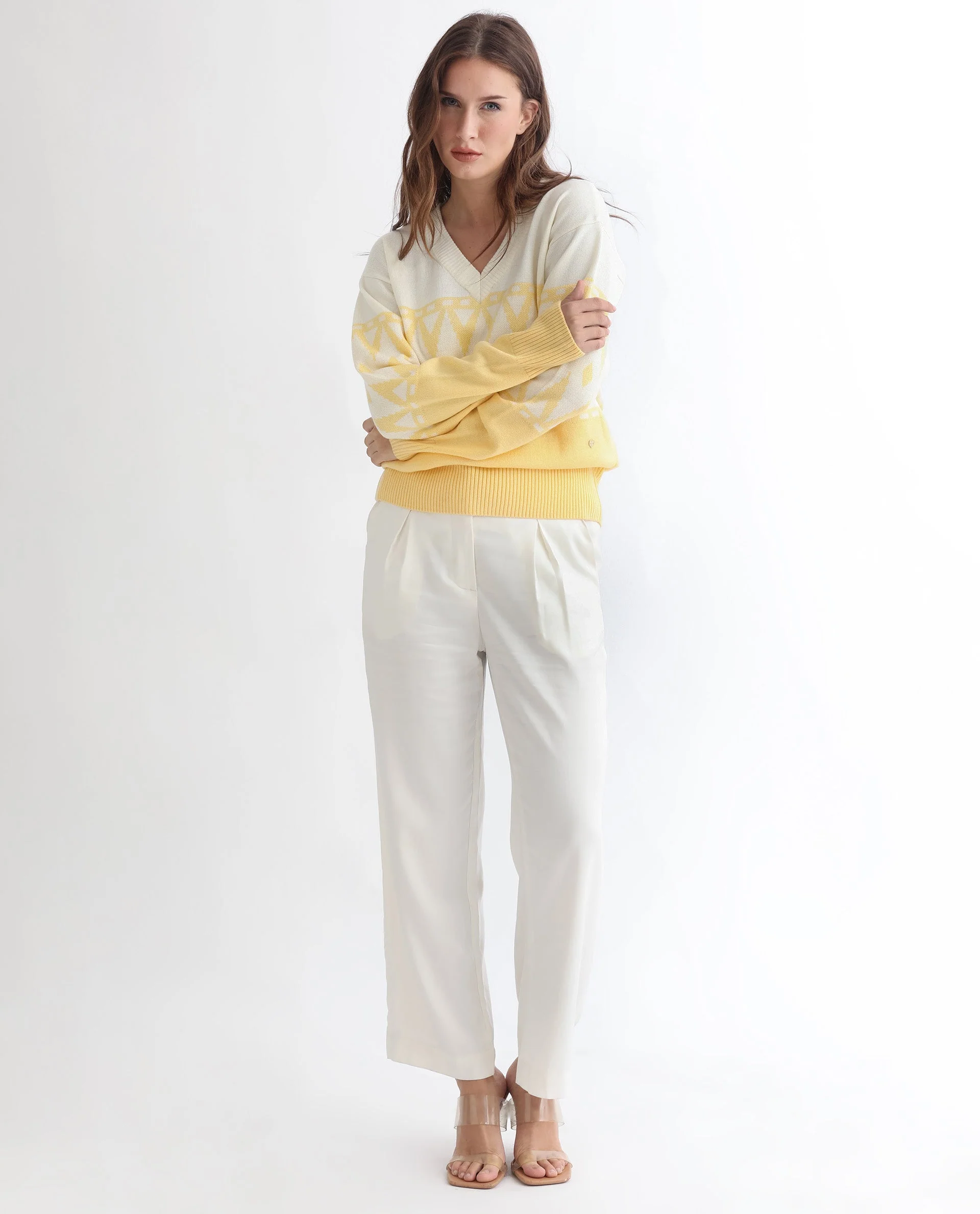 Rareism Women's Ronnie Yellow Acrylic V-Neck Color Block Relaxed Fit Sweater - Image 2