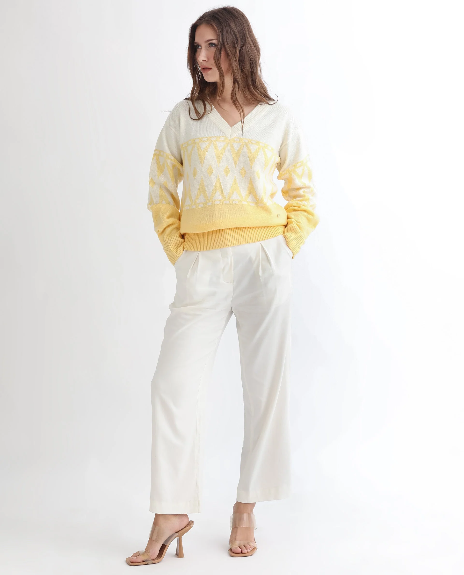 Rareism Women's Ronnie Yellow Acrylic V-Neck Color Block Relaxed Fit Sweater - Image 3