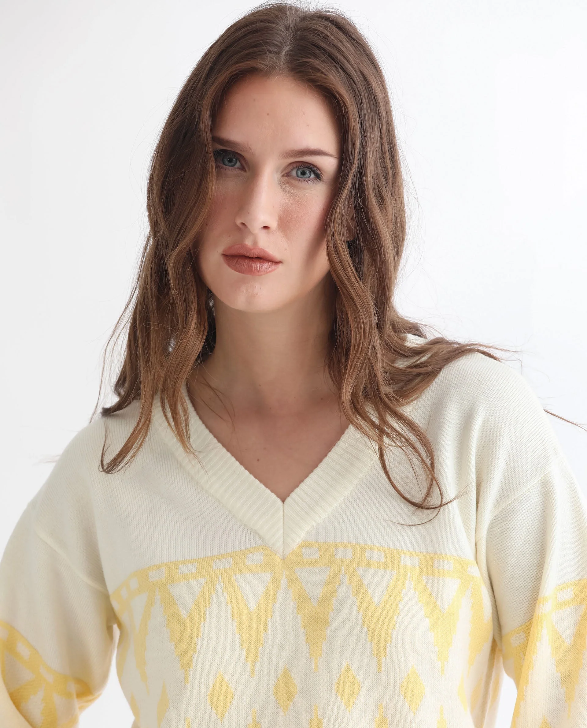 Rareism Women's Ronnie Yellow Acrylic V-Neck Color Block Relaxed Fit Sweater - Image 5