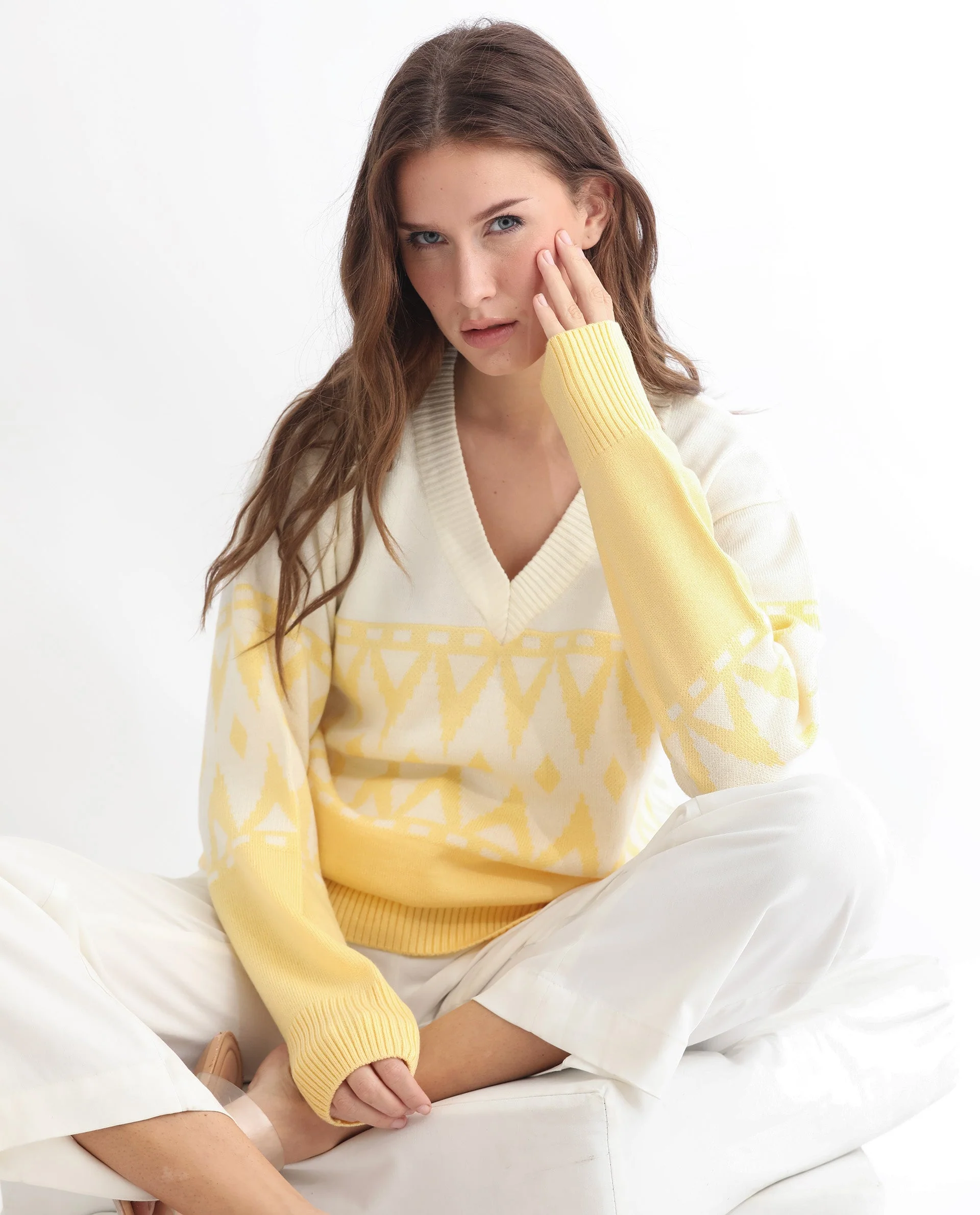 Rareism Women's Ronnie Yellow Acrylic V-Neck Color Block Relaxed Fit Sweater - Image 6