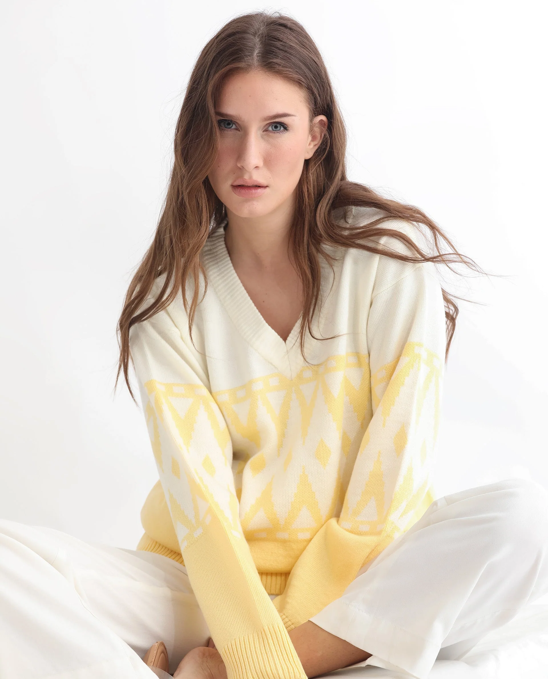 Rareism Women's Ronnie Yellow Acrylic V-Neck Color Block Relaxed Fit Sweater - Image 7