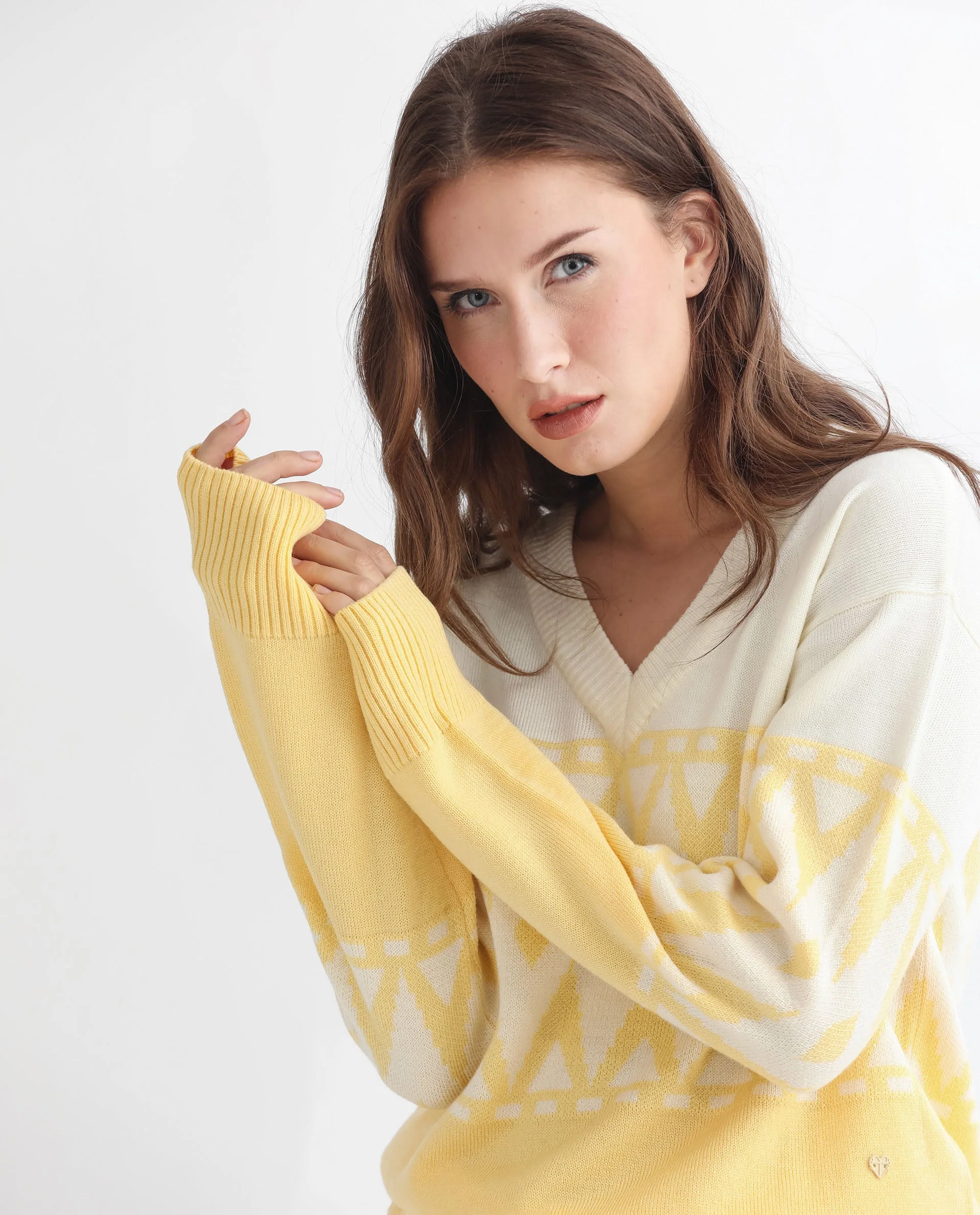 Rareism Women's Ronnie Yellow Acrylic V-Neck Color Block Relaxed Fit Sweater - Image 8