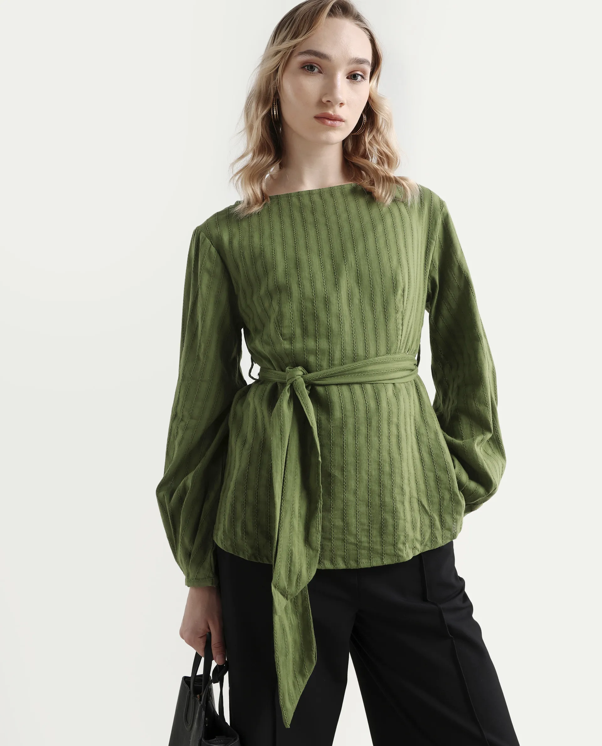 Rareism Women's Rono Green Cotton Boat Neck Plain Cuffed Sleeve Regular Fit Top