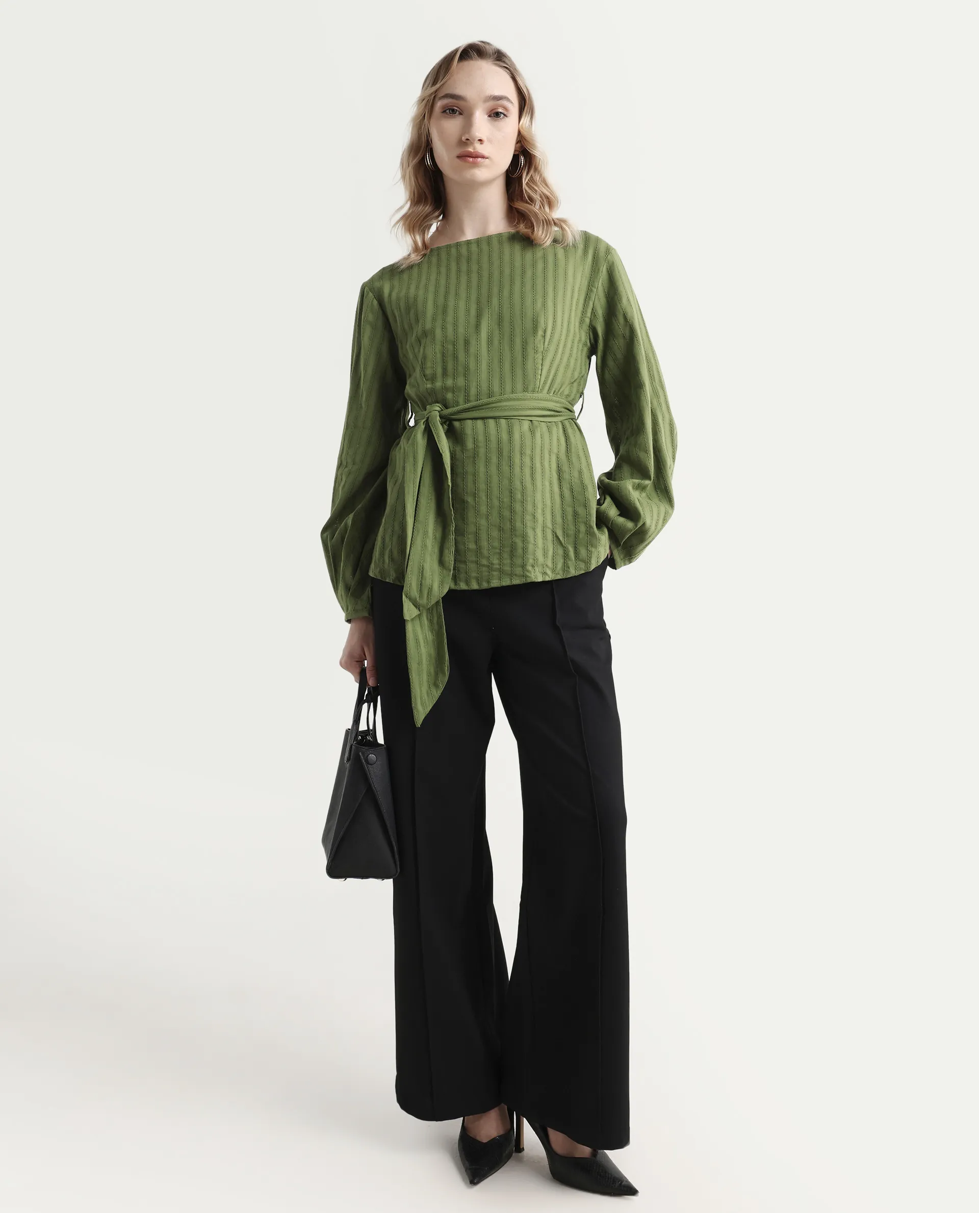 Rareism Women's Rono Green Cotton Boat Neck Plain Cuffed Sleeve Regular Fit Top - Image 2