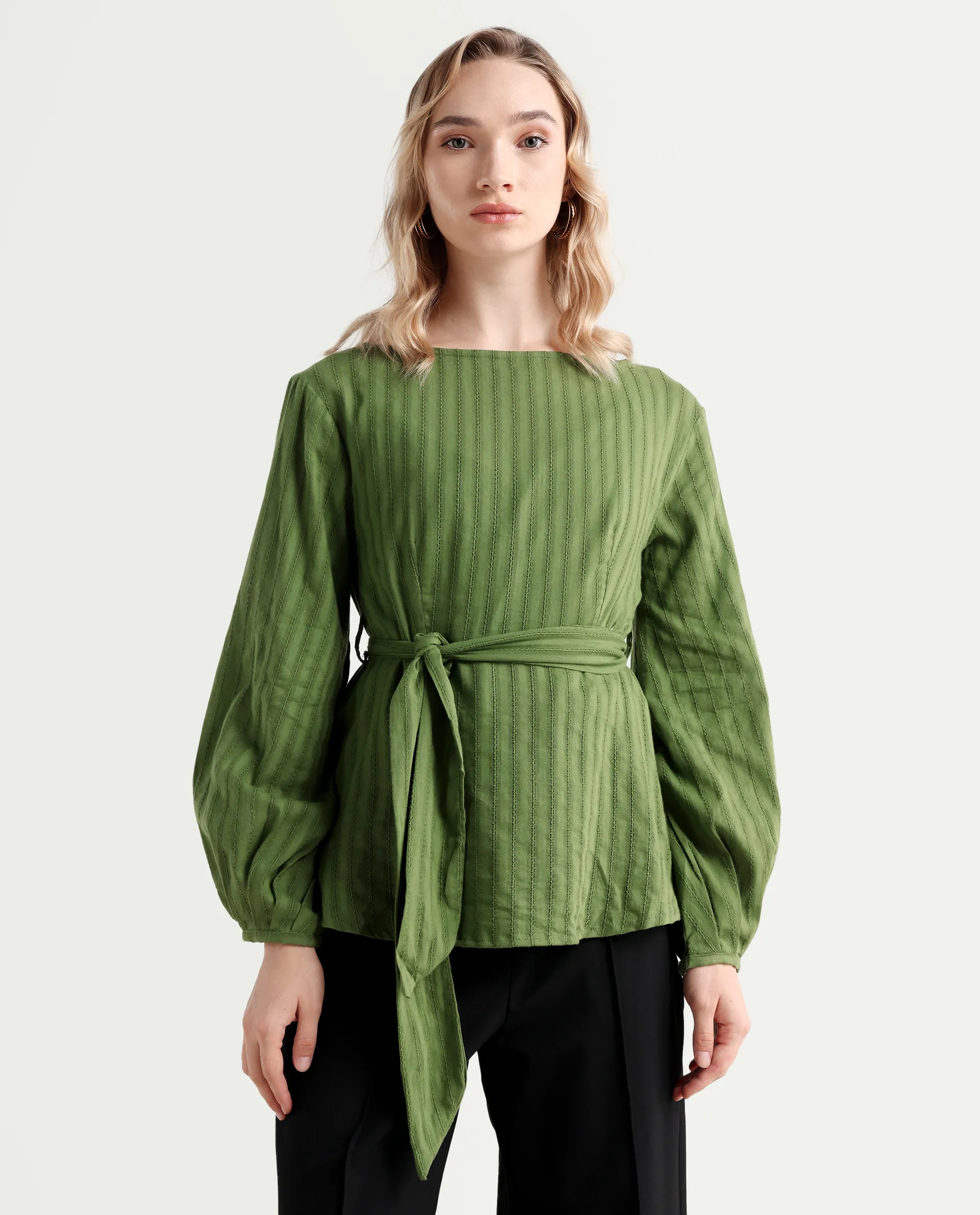 Rareism Women's Rono Green Cotton Boat Neck Plain Cuffed Sleeve Regular Fit Top - Image 3