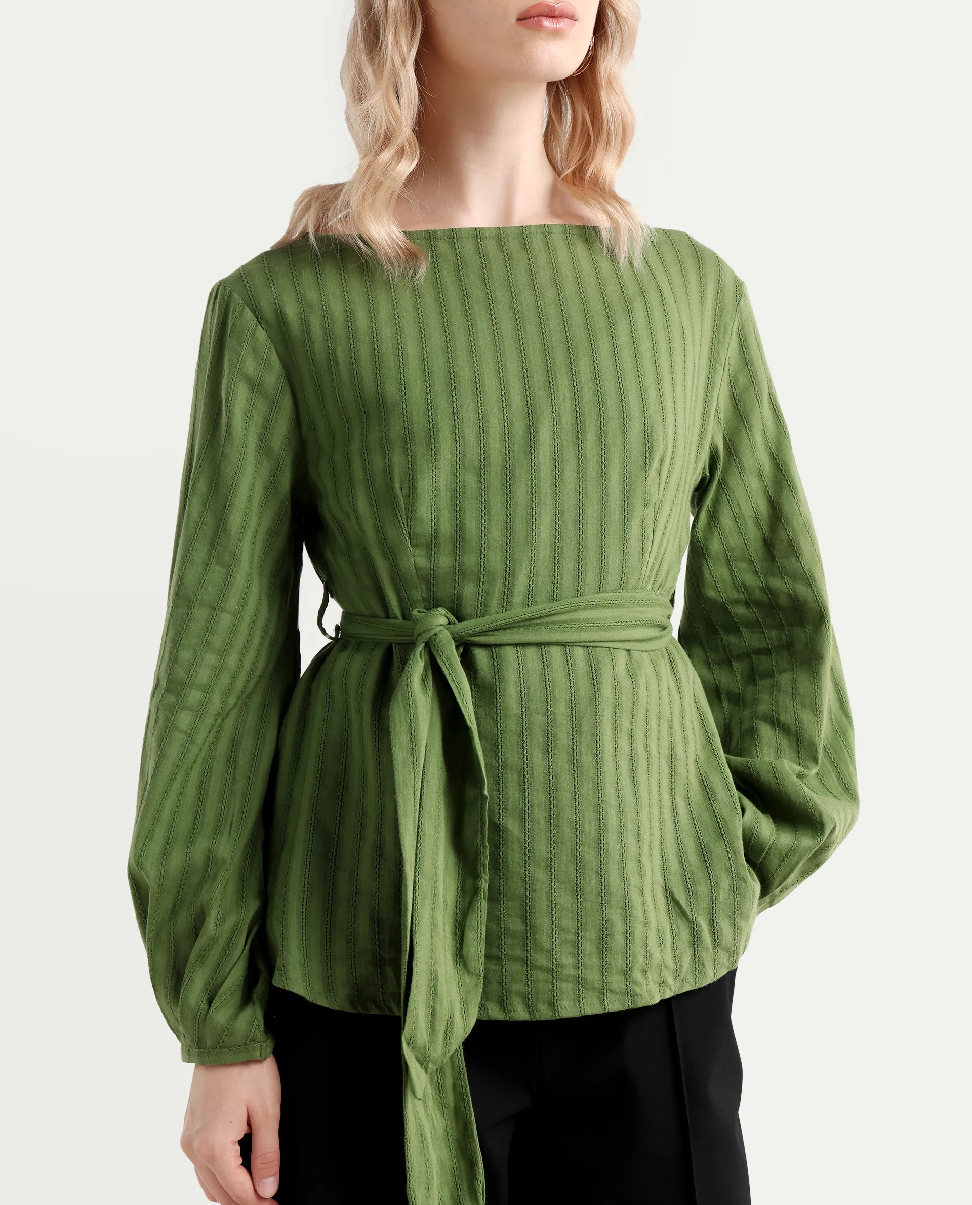 Rareism Women's Rono Green Cotton Boat Neck Plain Cuffed Sleeve Regular Fit Top - Image 4
