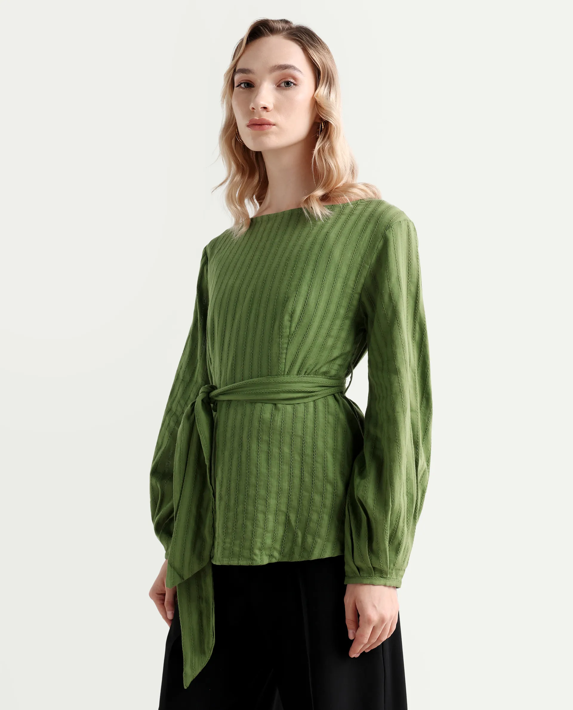 Rareism Women's Rono Green Cotton Boat Neck Plain Cuffed Sleeve Regular Fit Top - Image 5