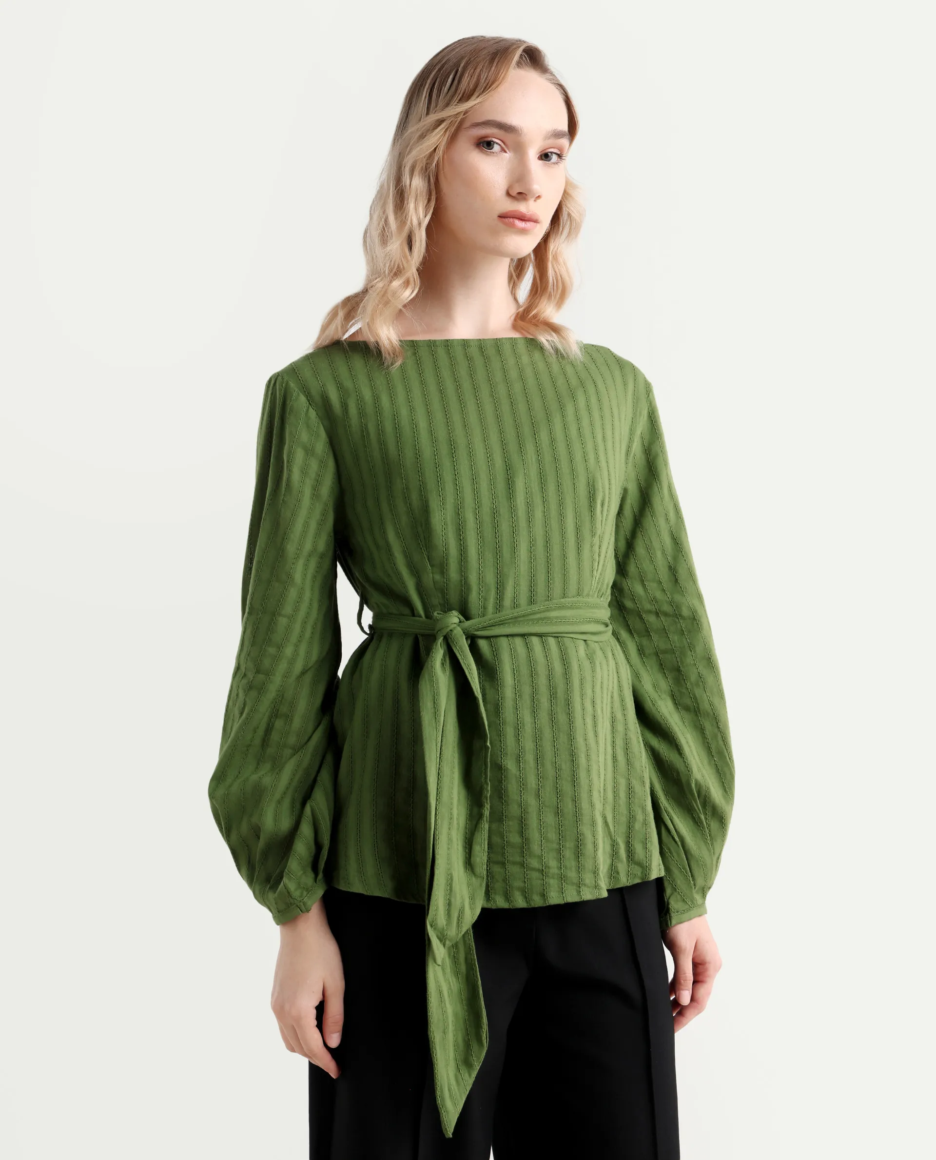 Rareism Women's Rono Green Cotton Boat Neck Plain Cuffed Sleeve Regular Fit Top - Image 6