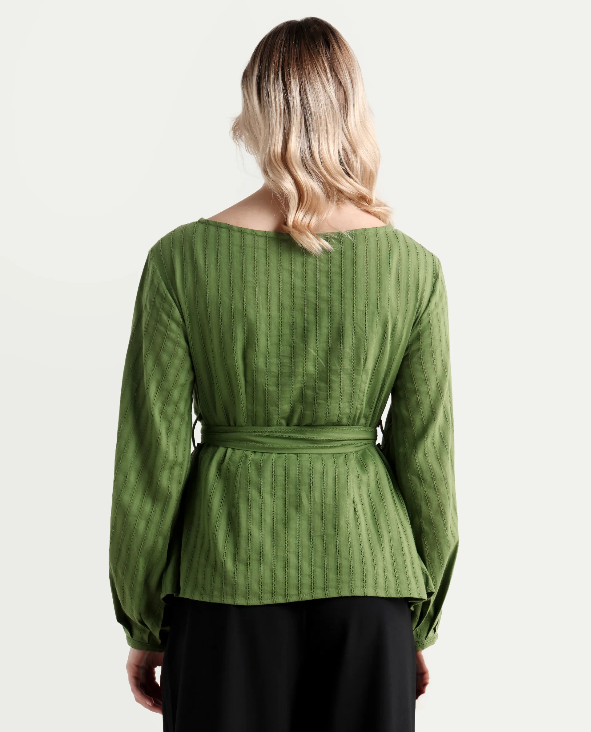 Rareism Women's Rono Green Cotton Boat Neck Plain Cuffed Sleeve Regular Fit Top - Image 7