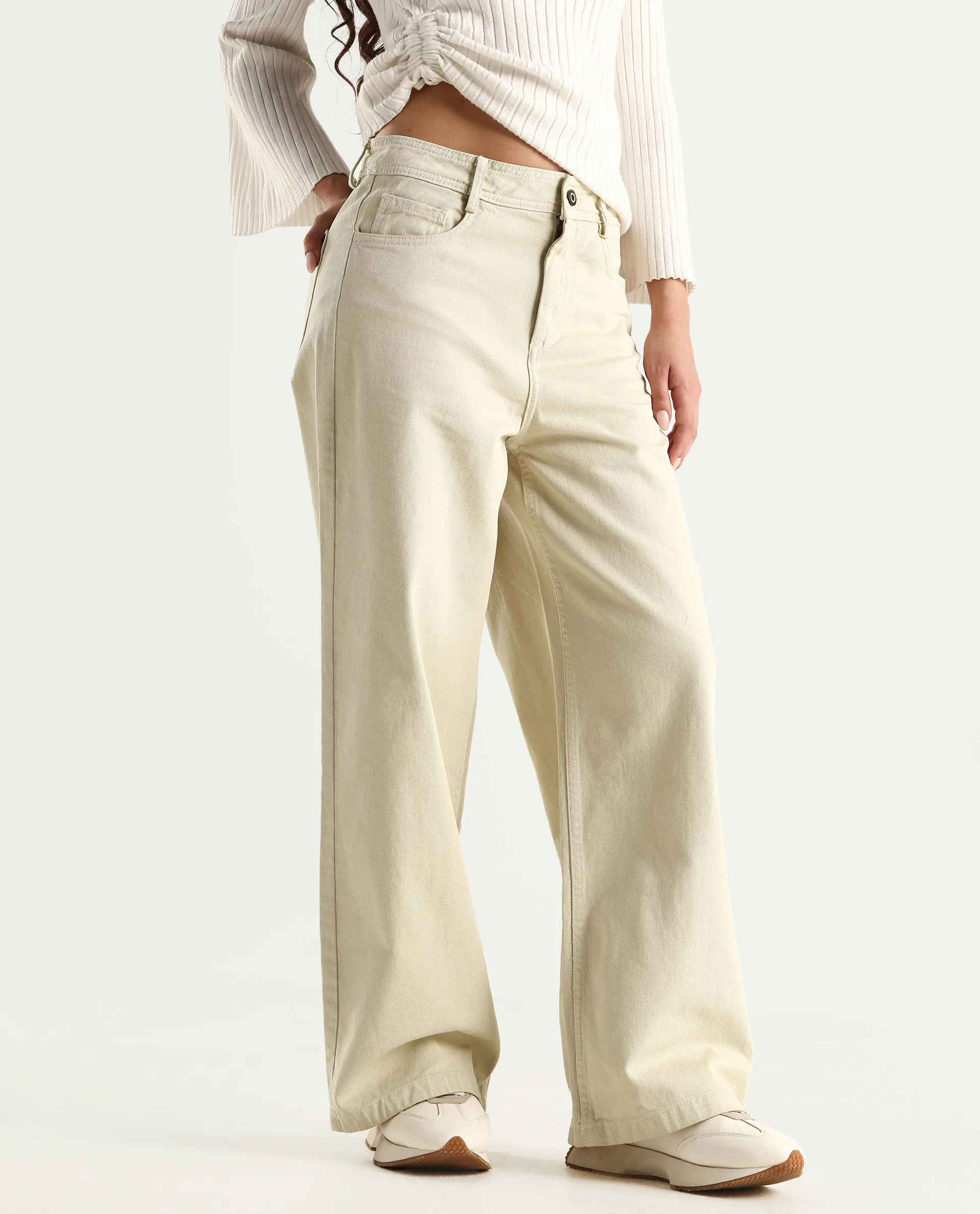 Rareism Women's Ronob Beige Cotton Blend Plain Ankle Length Wide Trouser - Image 2