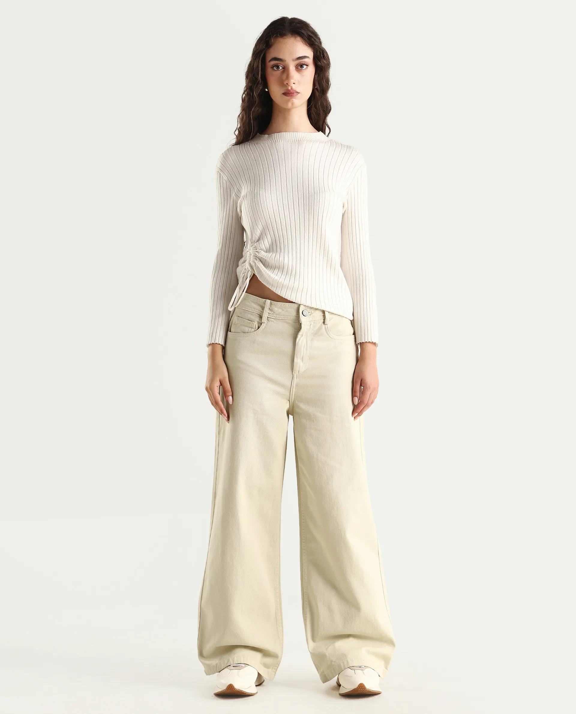 Rareism Women's Ronob Beige Cotton Blend Plain Ankle Length Wide Trouser - Image 3