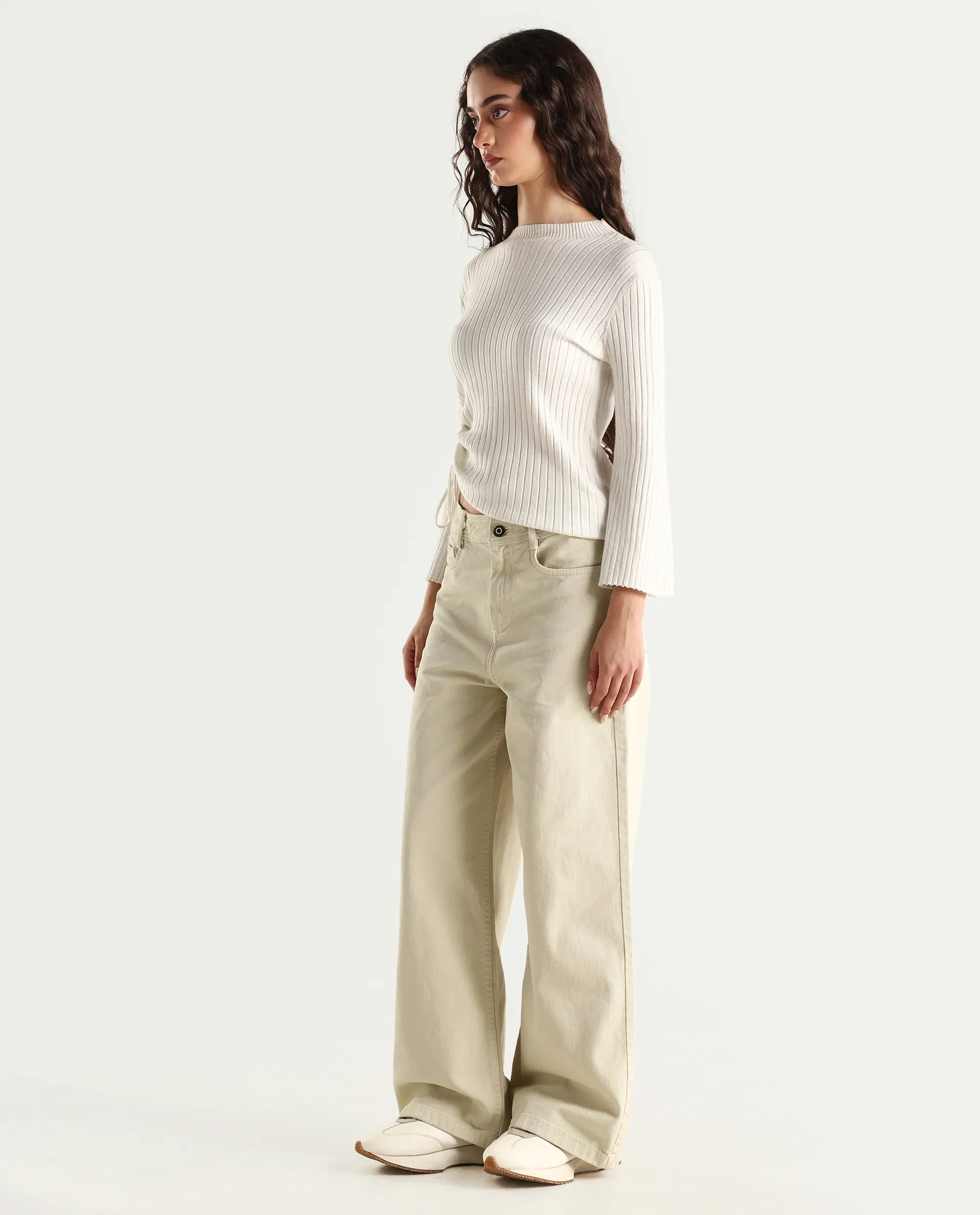Rareism Women's Ronob Beige Cotton Blend Plain Ankle Length Wide Trouser - Image 6