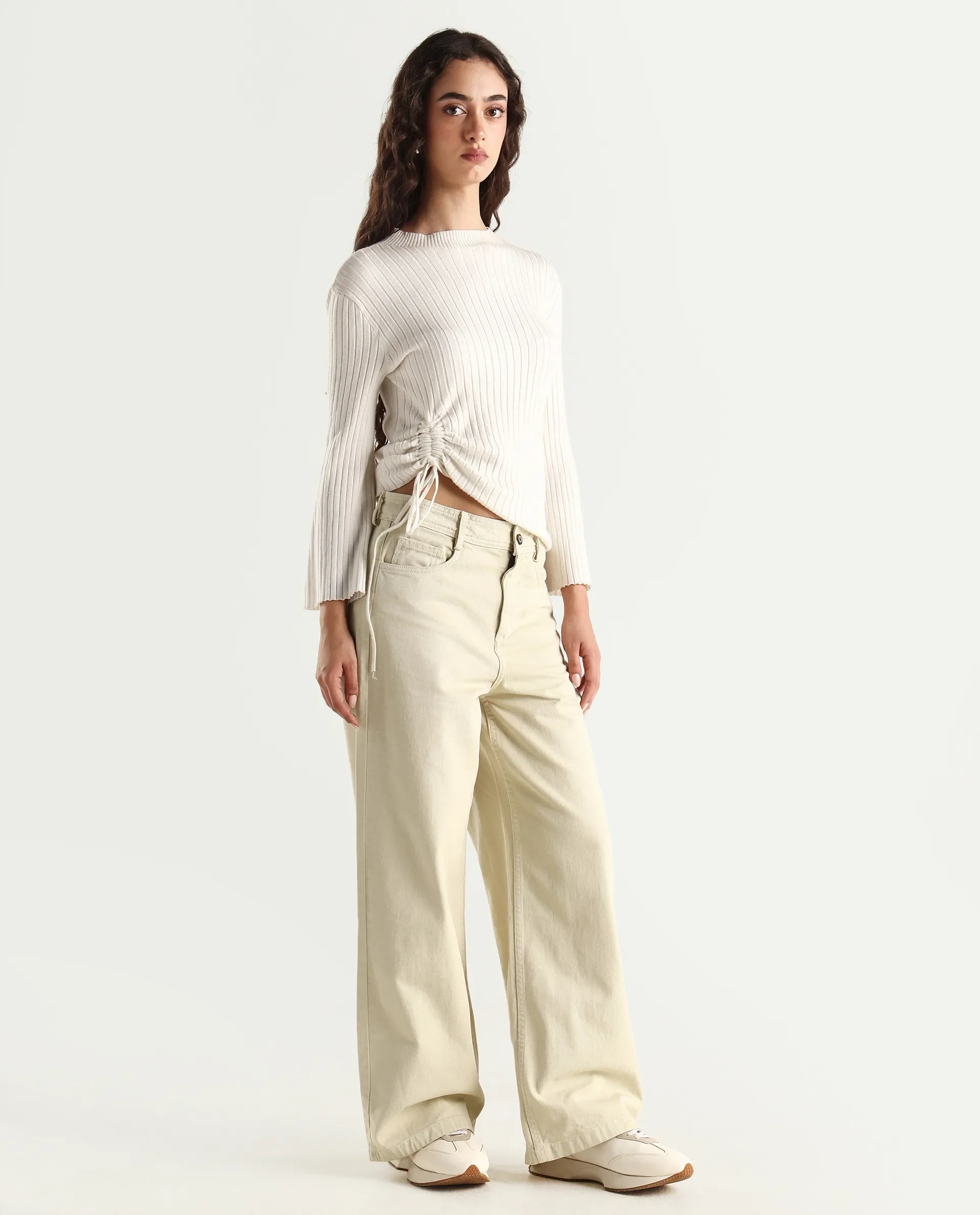 Rareism Women's Ronob Beige Cotton Blend Plain Ankle Length Wide Trouser - Image 7