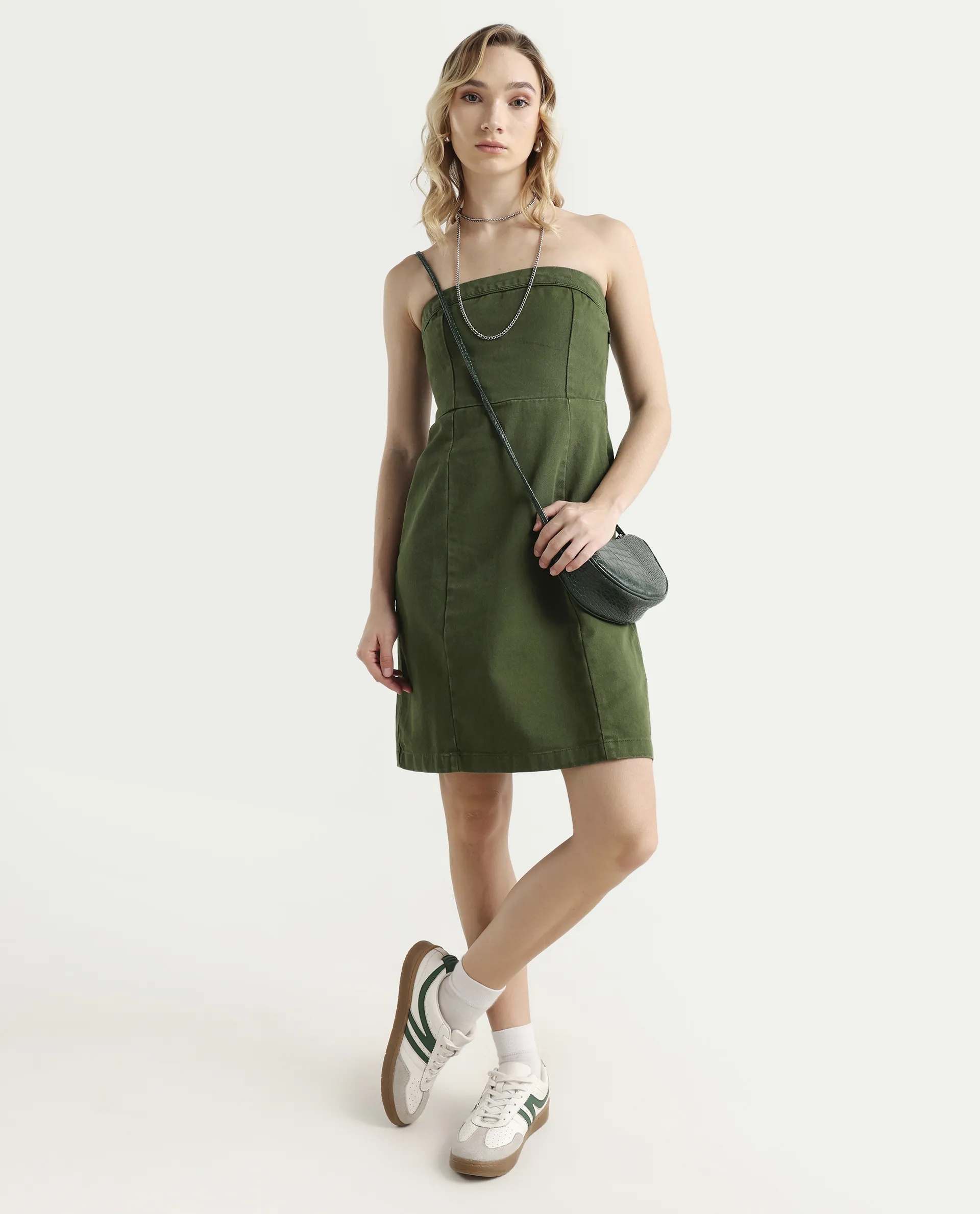 Rareism Women's Ronobia Olive Cotton Blend Tube Neck Plain Sleeveless Knee Length Bodycon Dress - Image 2