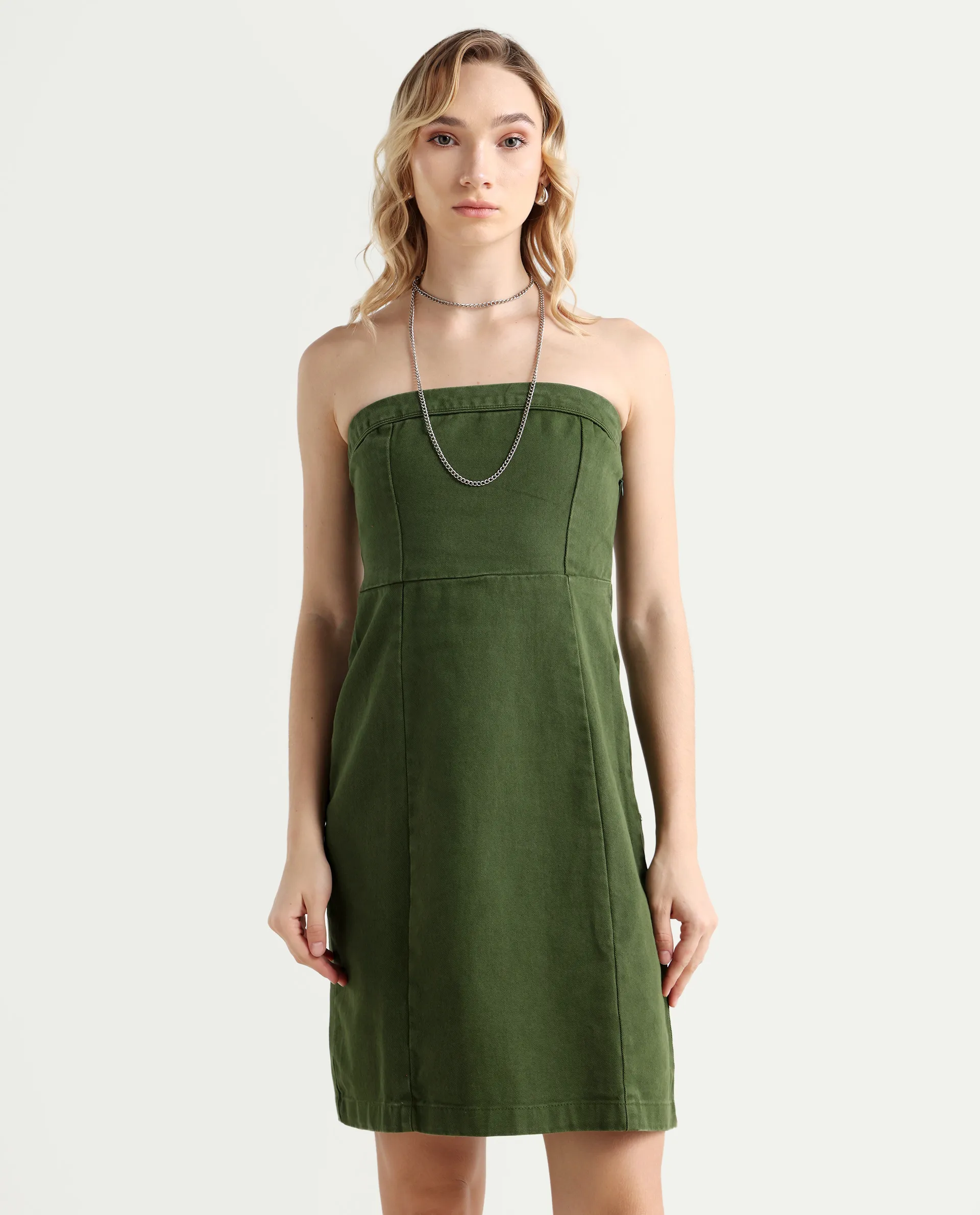 Rareism Women's Ronobia Olive Cotton Blend Tube Neck Plain Sleeveless Knee Length Bodycon Dress - Image 3