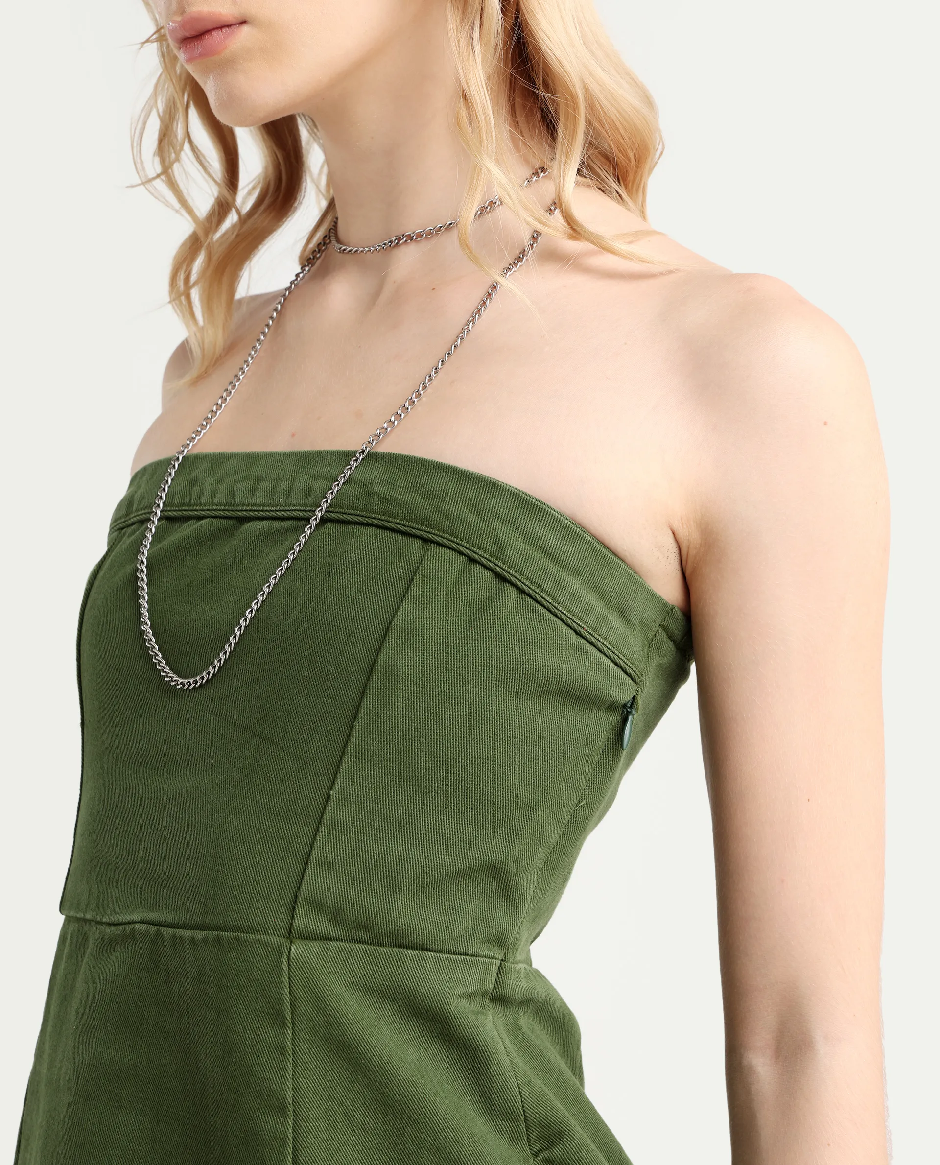 Rareism Women's Ronobia Olive Cotton Blend Tube Neck Plain Sleeveless Knee Length Bodycon Dress - Image 4