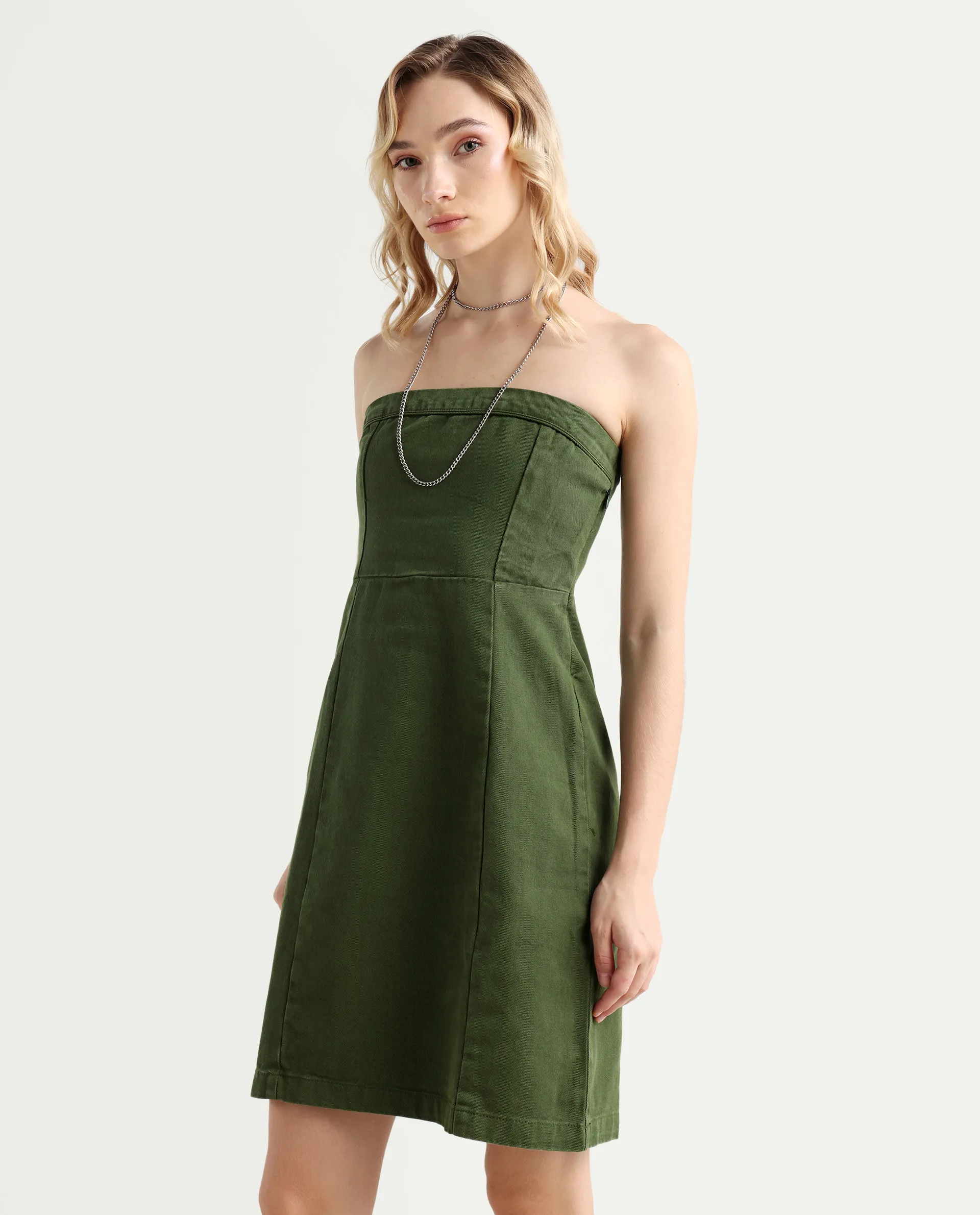 Rareism Women's Ronobia Olive Cotton Blend Tube Neck Plain Sleeveless Knee Length Bodycon Dress - Image 5