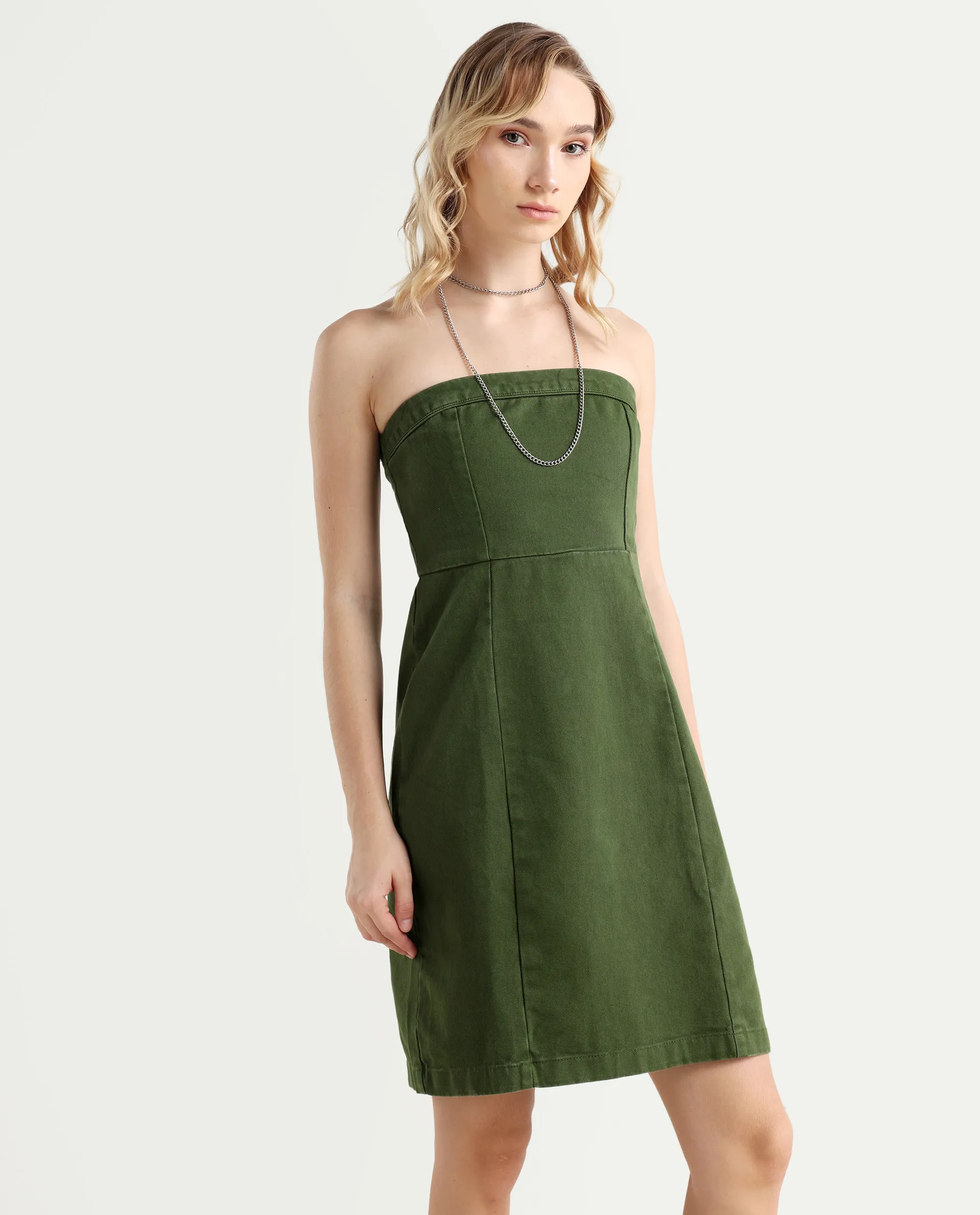 Rareism Women's Ronobia Olive Cotton Blend Tube Neck Plain Sleeveless Knee Length Bodycon Dress - Image 6