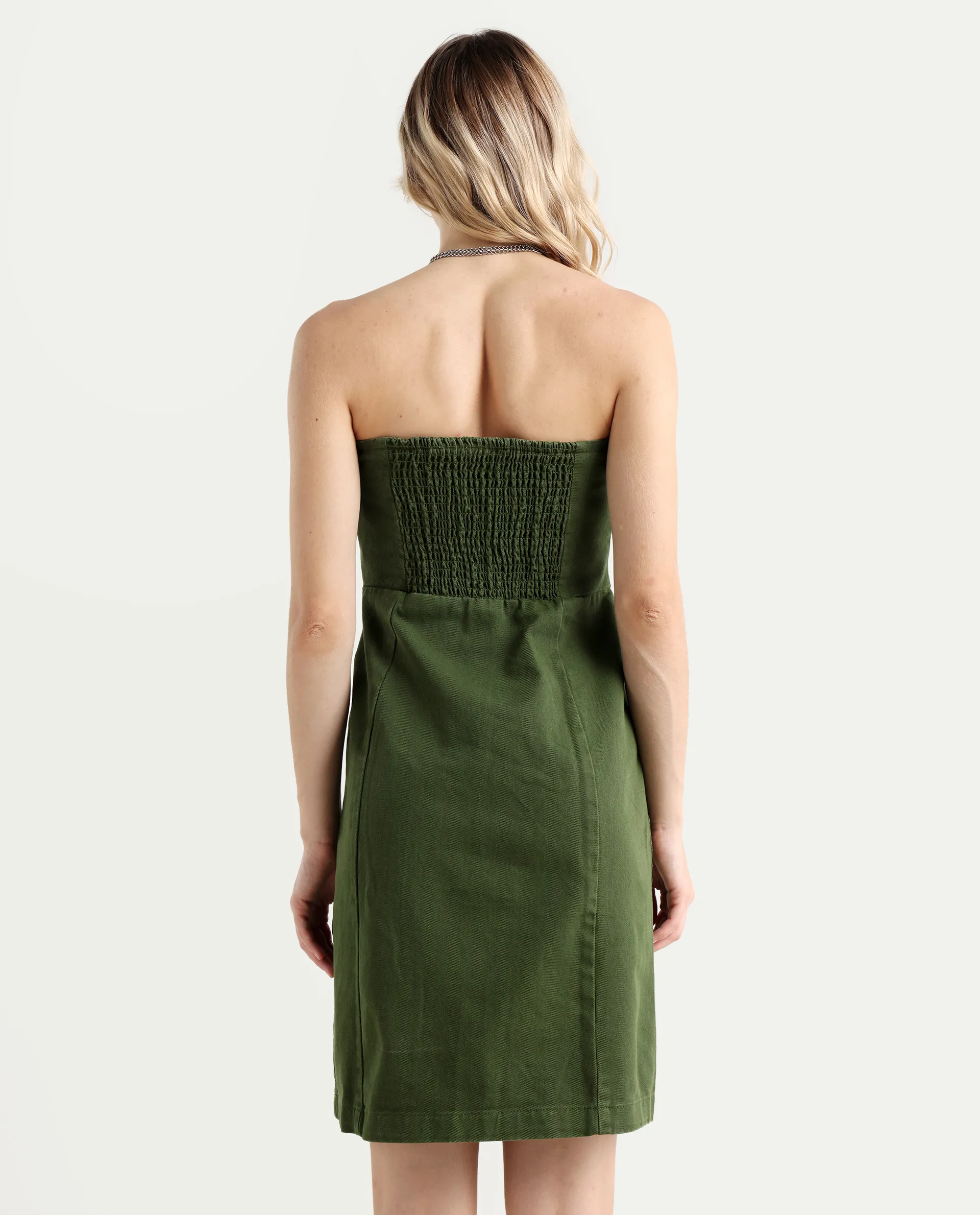 Rareism Women's Ronobia Olive Cotton Blend Tube Neck Plain Sleeveless Knee Length Bodycon Dress - Image 7