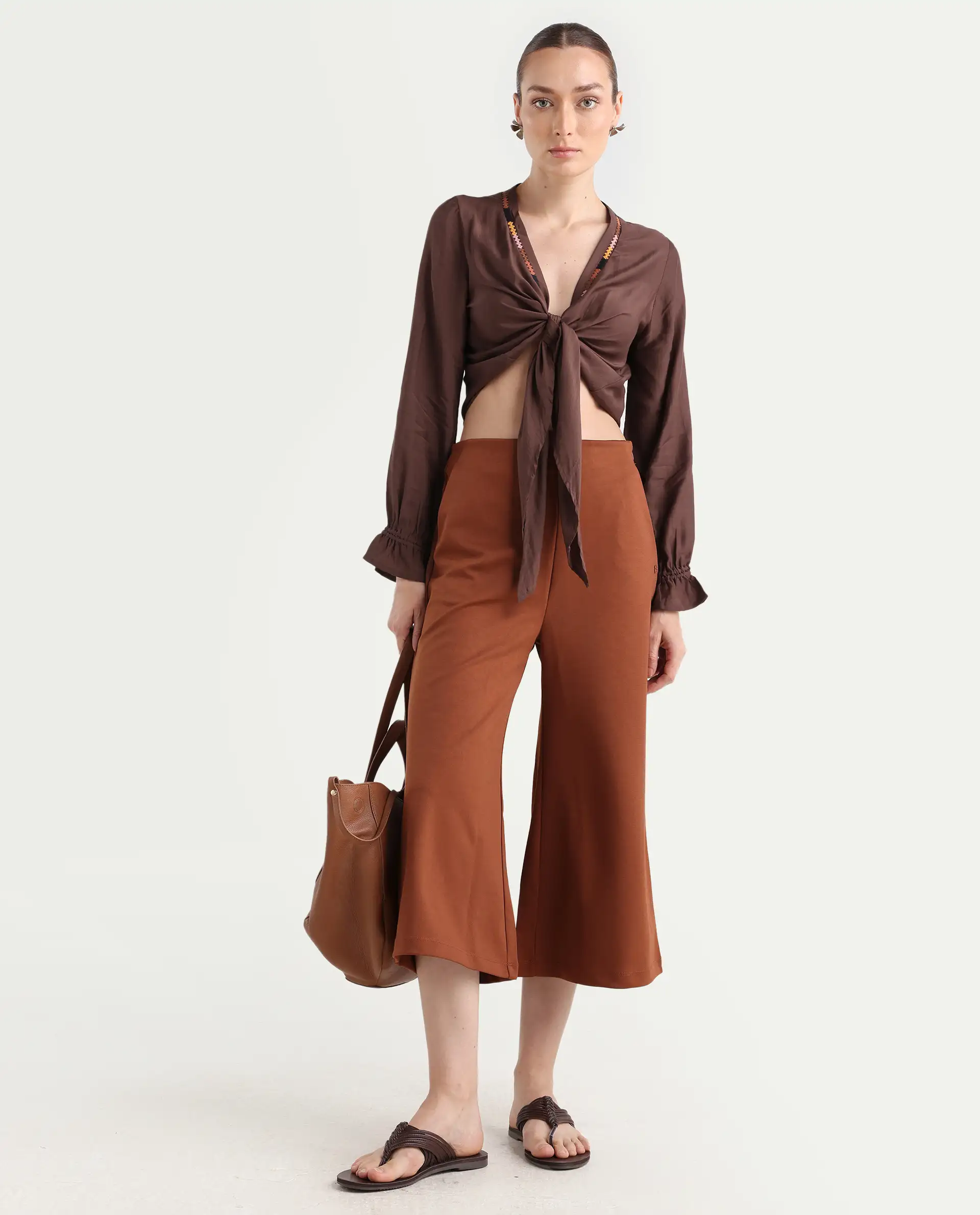 Rareism Women's Ronoko Brown Viscose Blend Collarless Plain Bishop Sleeve Regular Fit Shrug - Image 2