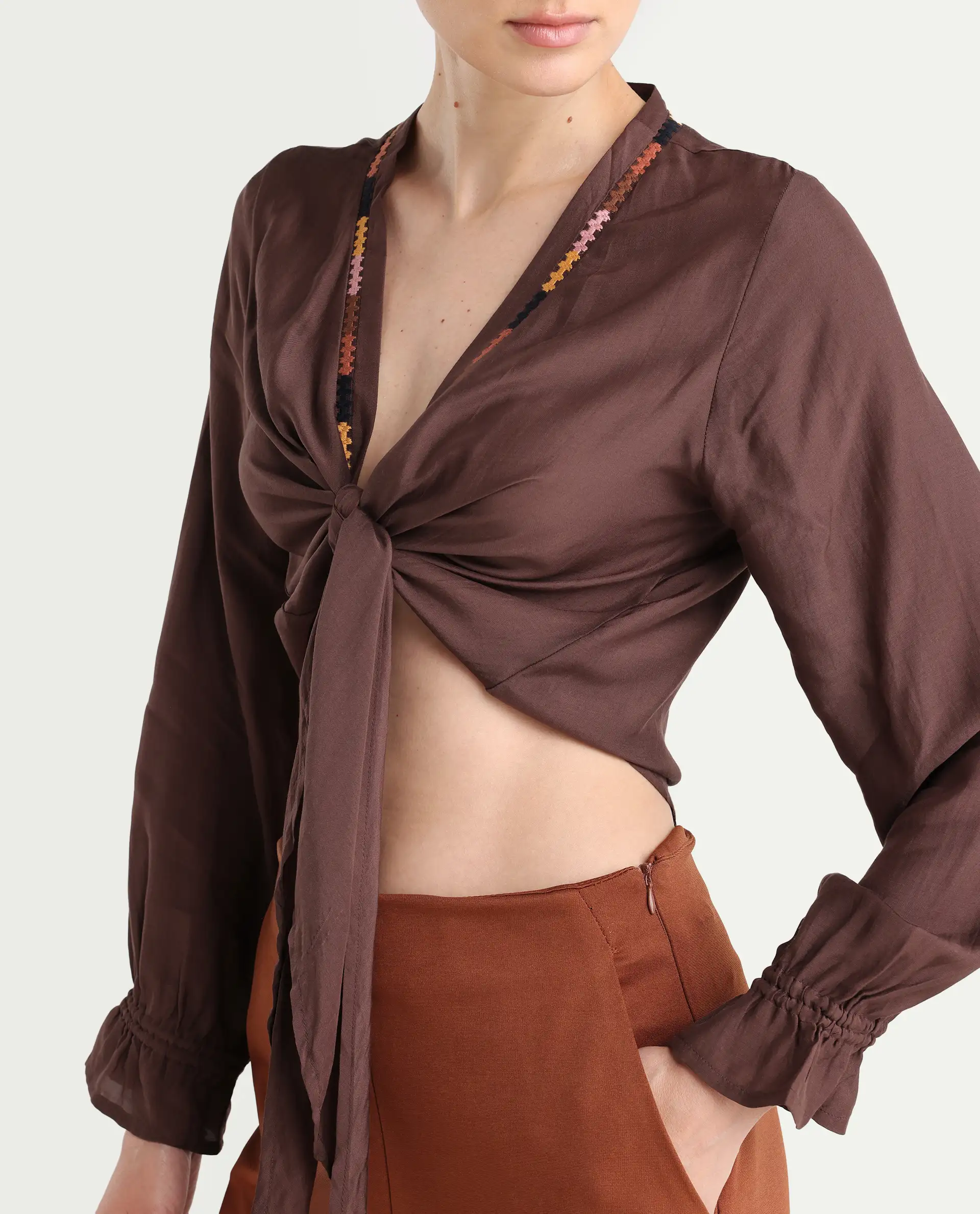 Rareism Women's Ronoko Brown Viscose Blend Collarless Plain Bishop Sleeve Regular Fit Shrug - Image 4