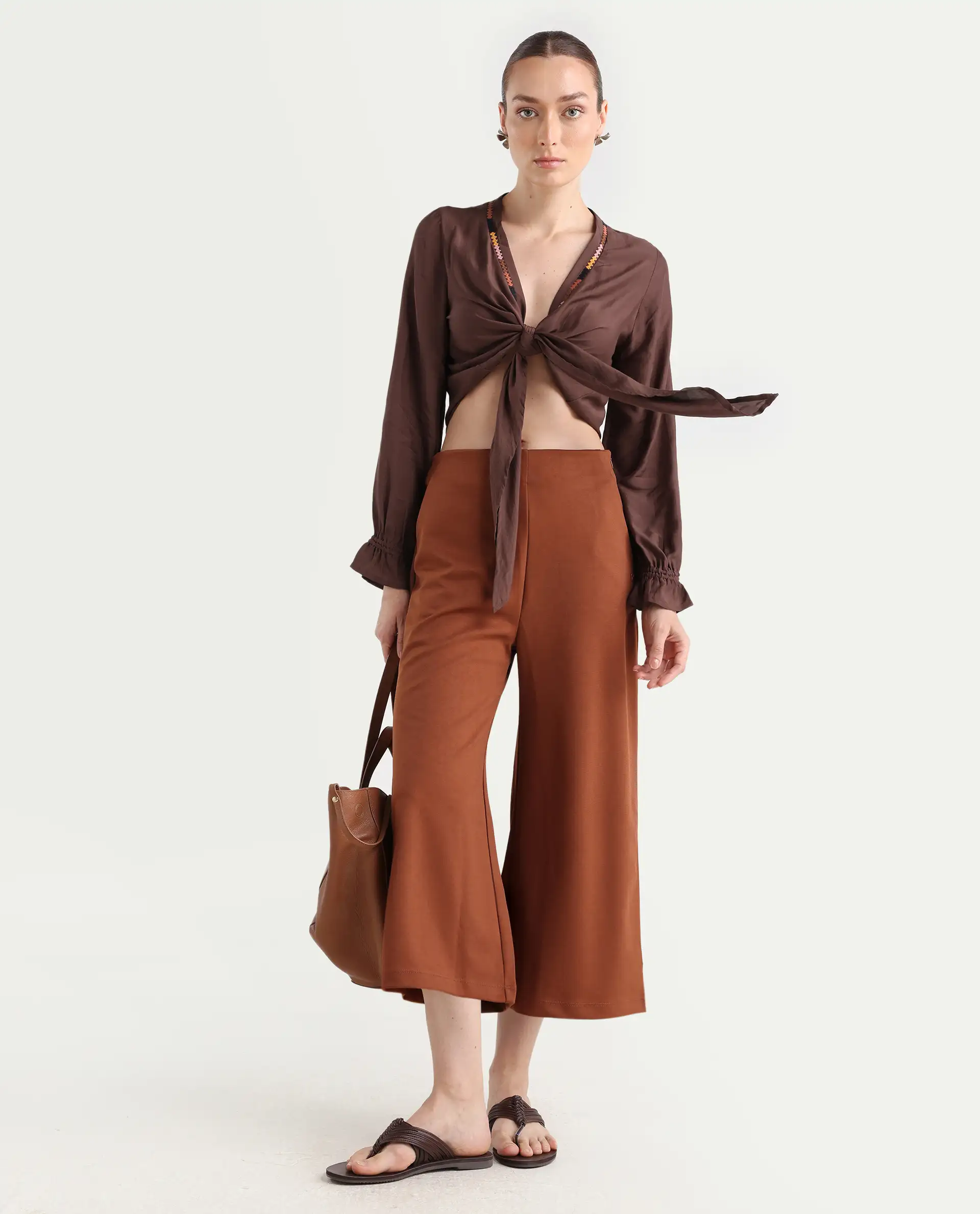 Rareism Women's Ronoko Brown Viscose Blend Collarless Plain Bishop Sleeve Regular Fit Shrug - Image 5