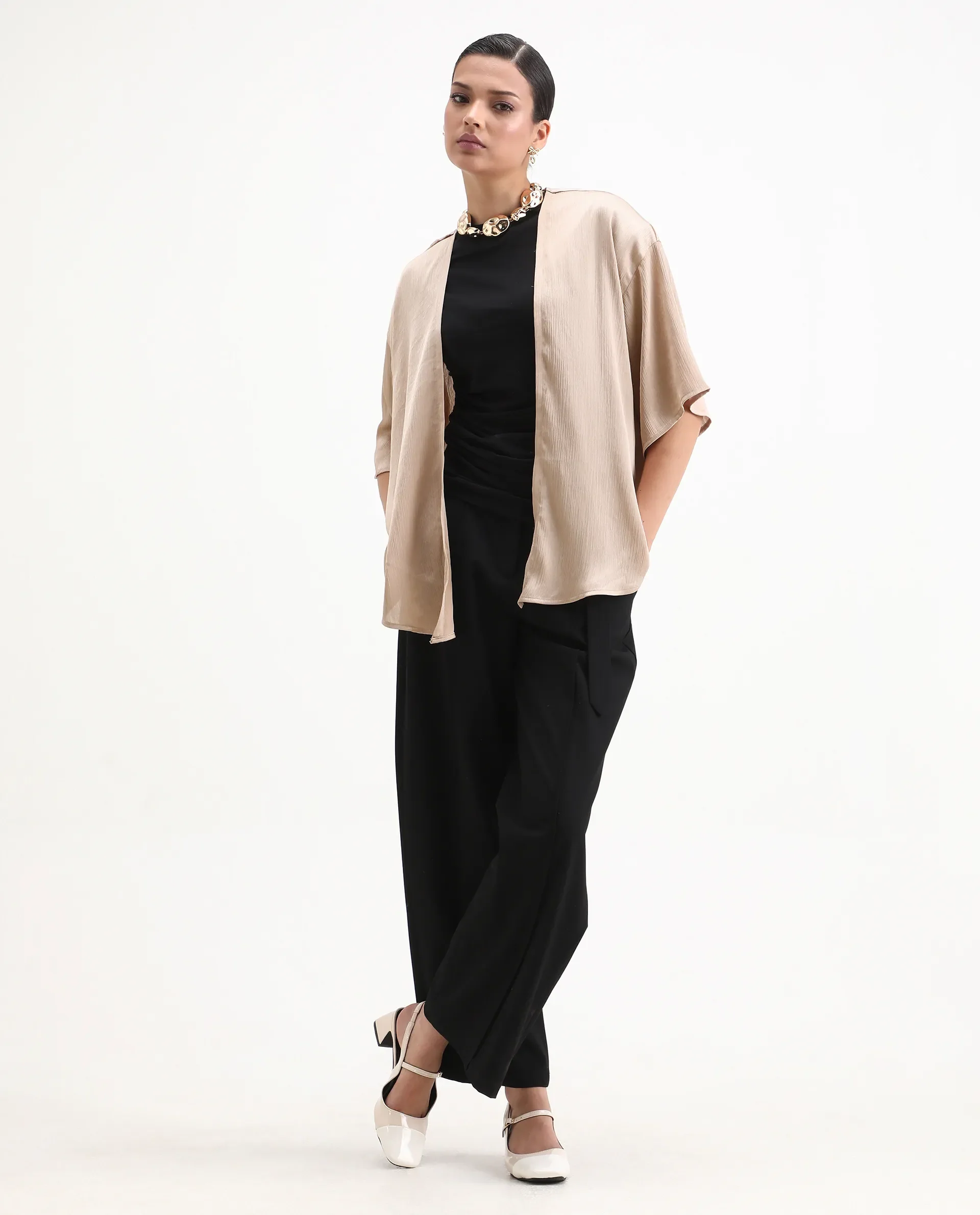Rareism Women's Ronokya Beige Polyester Collarless Plain Kimono Sleeve Relaxed Fit Shrug - Image 2