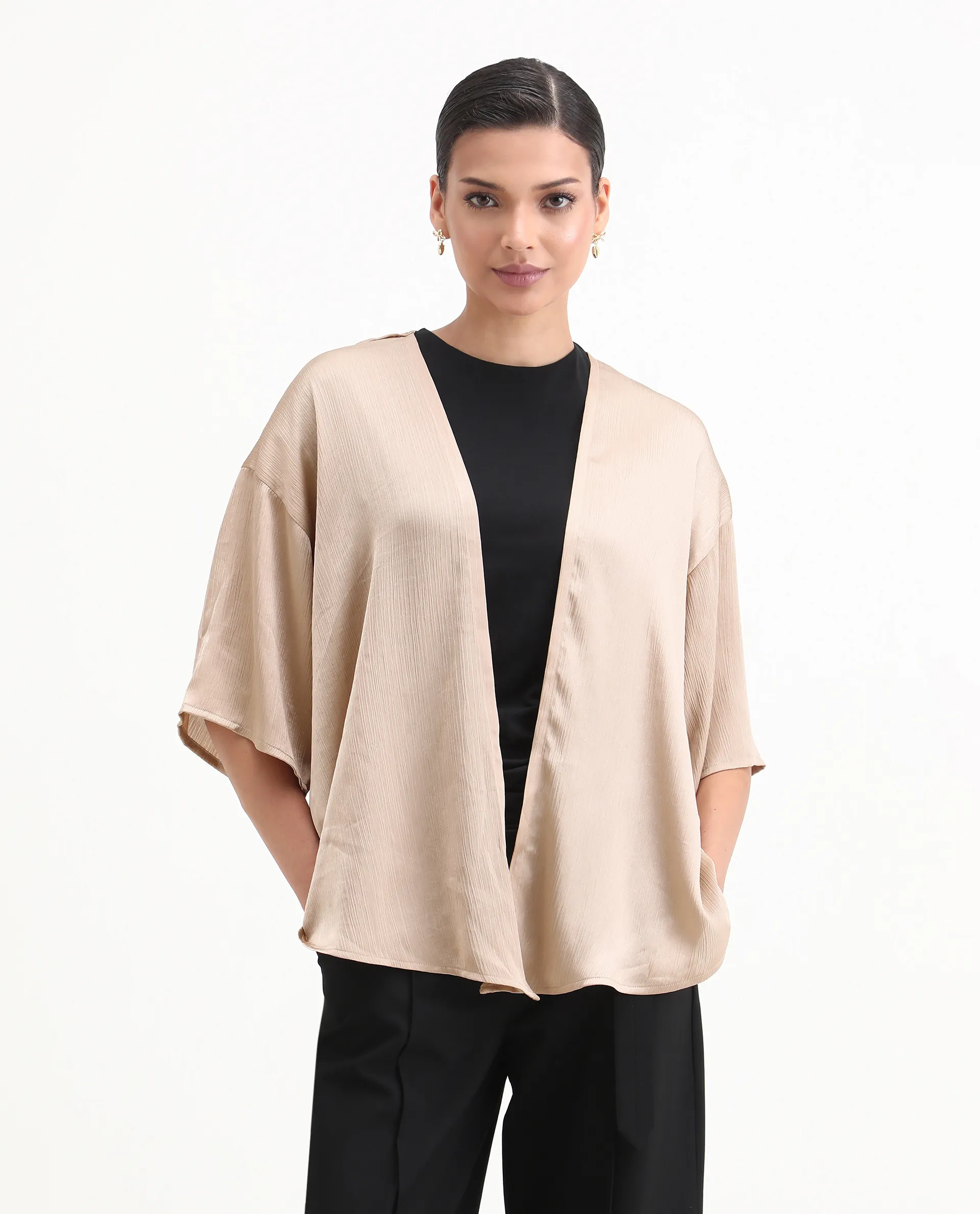 Rareism Women's Ronokya Beige Polyester Collarless Plain Kimono Sleeve Relaxed Fit Shrug - Image 4