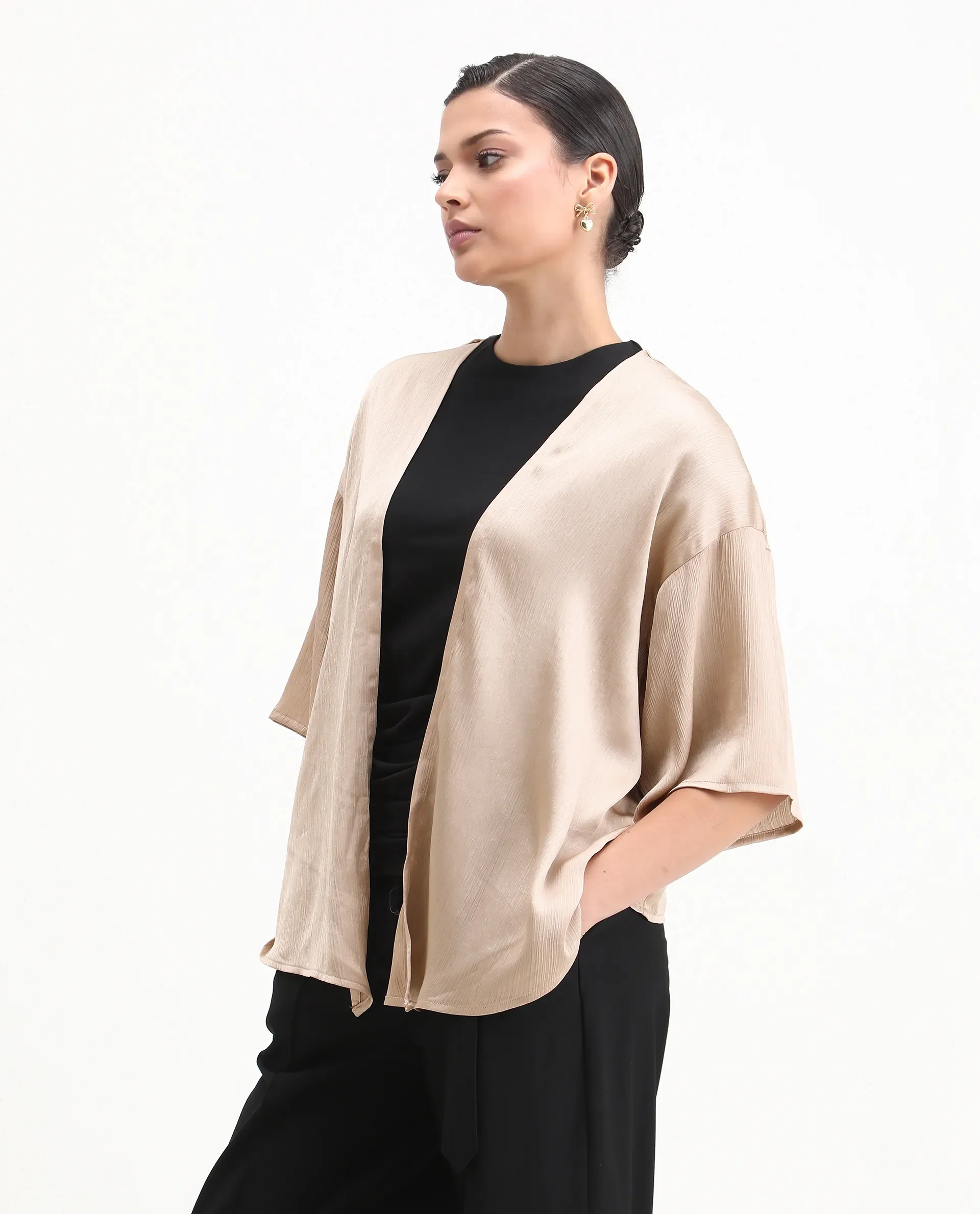 Rareism Women's Ronokya Beige Polyester Collarless Plain Kimono Sleeve Relaxed Fit Shrug - Image 5