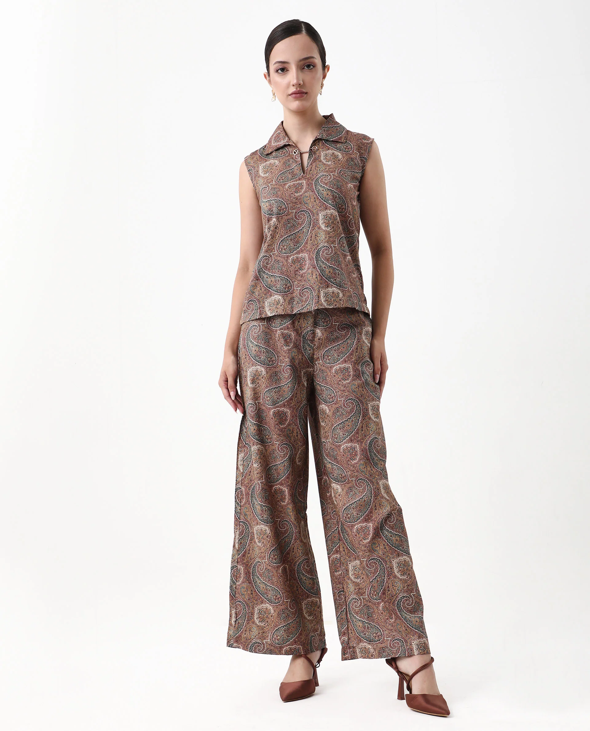 Rareism Women's Ronoro-B Multi Cotton Paisley Print Ankle Length Wide Trouser