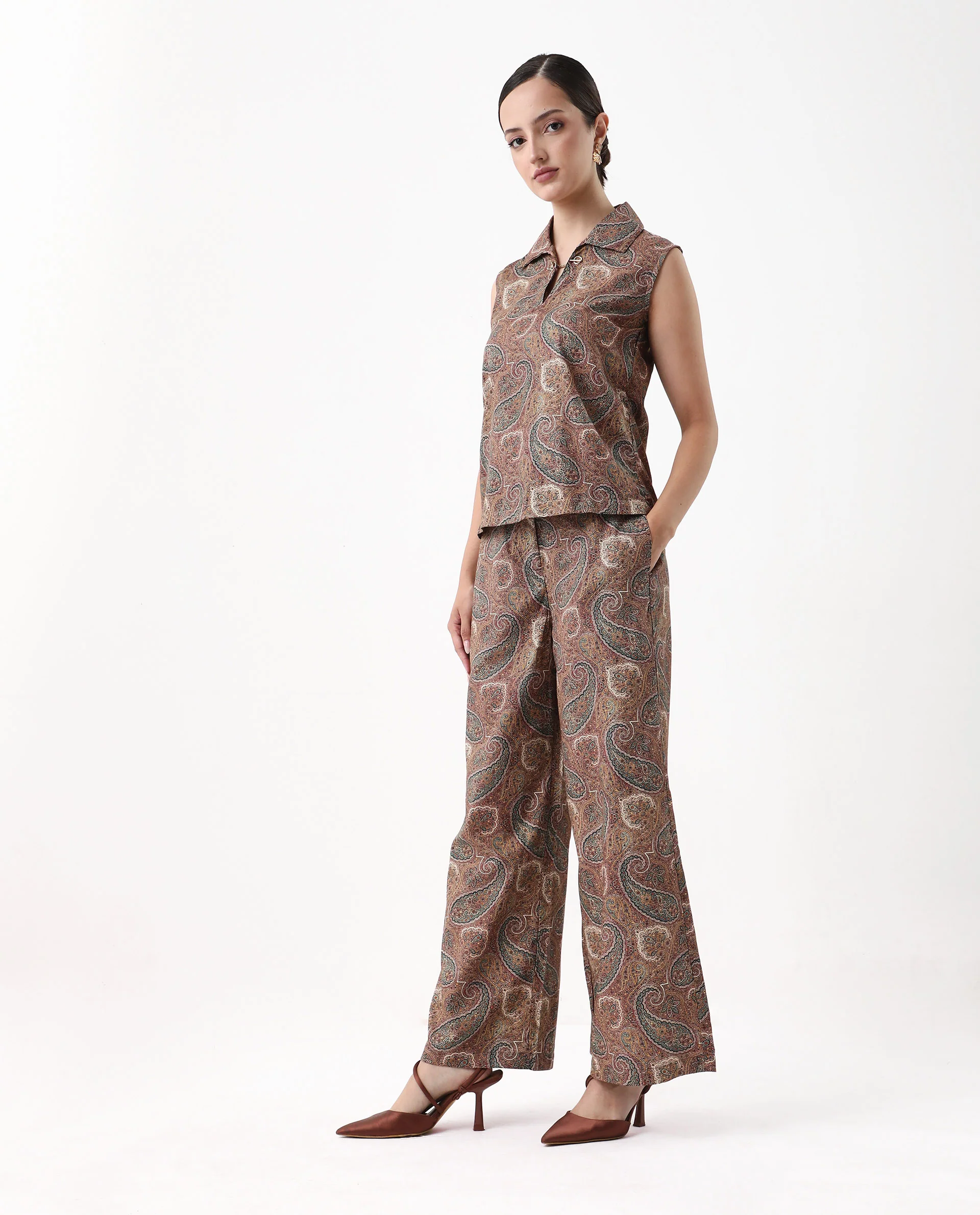 Rareism Women's Ronoro-B Multi Cotton Paisley Print Ankle Length Wide Trouser - Image 4