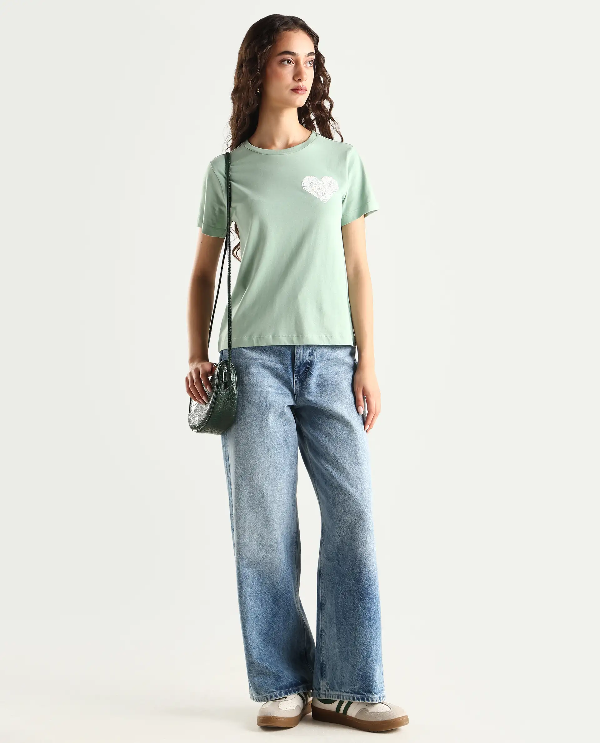 Rareism Women's Ronpel Light Green Cotton Round Neck Abstract Print Regular Fit T-Shirt - Image 2