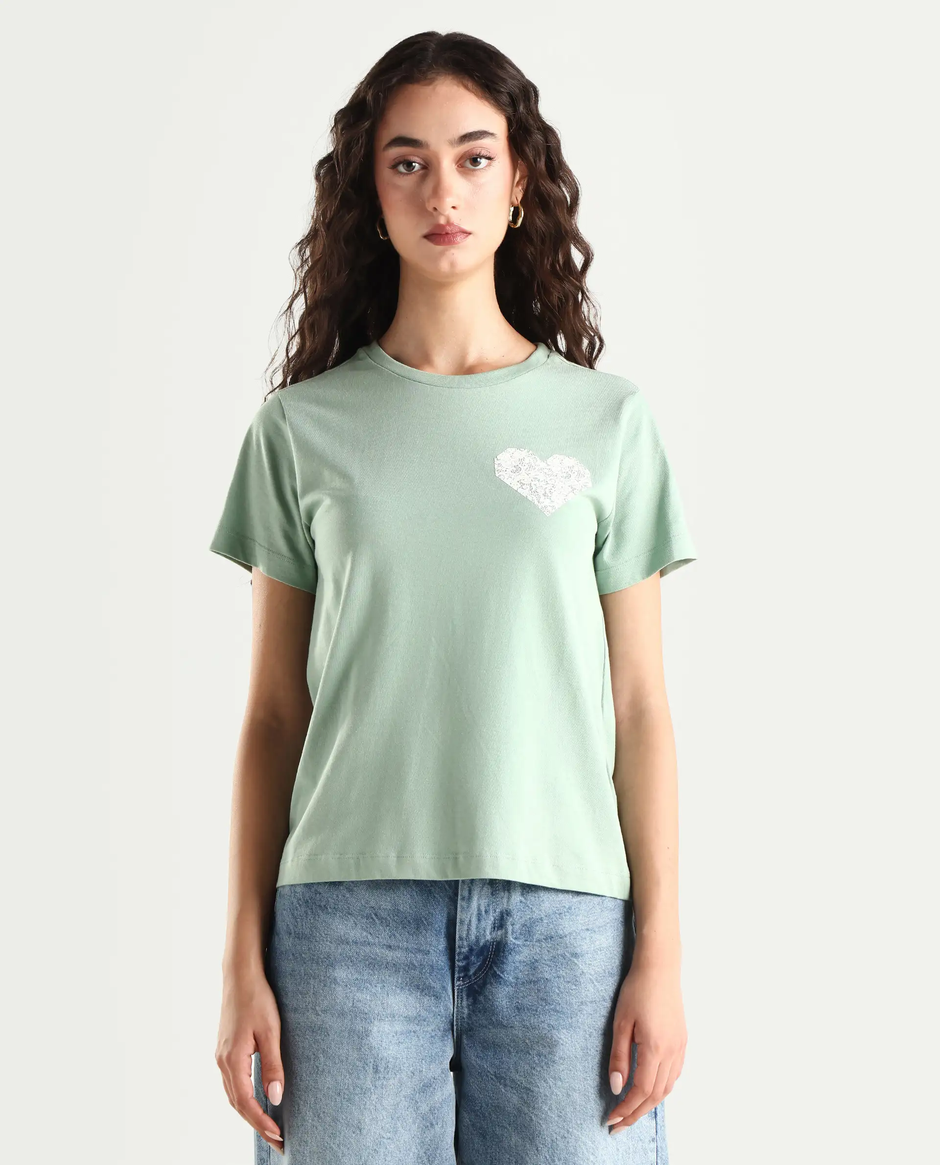Rareism Women's Ronpel Light Green Cotton Round Neck Abstract Print Regular Fit T-Shirt - Image 3