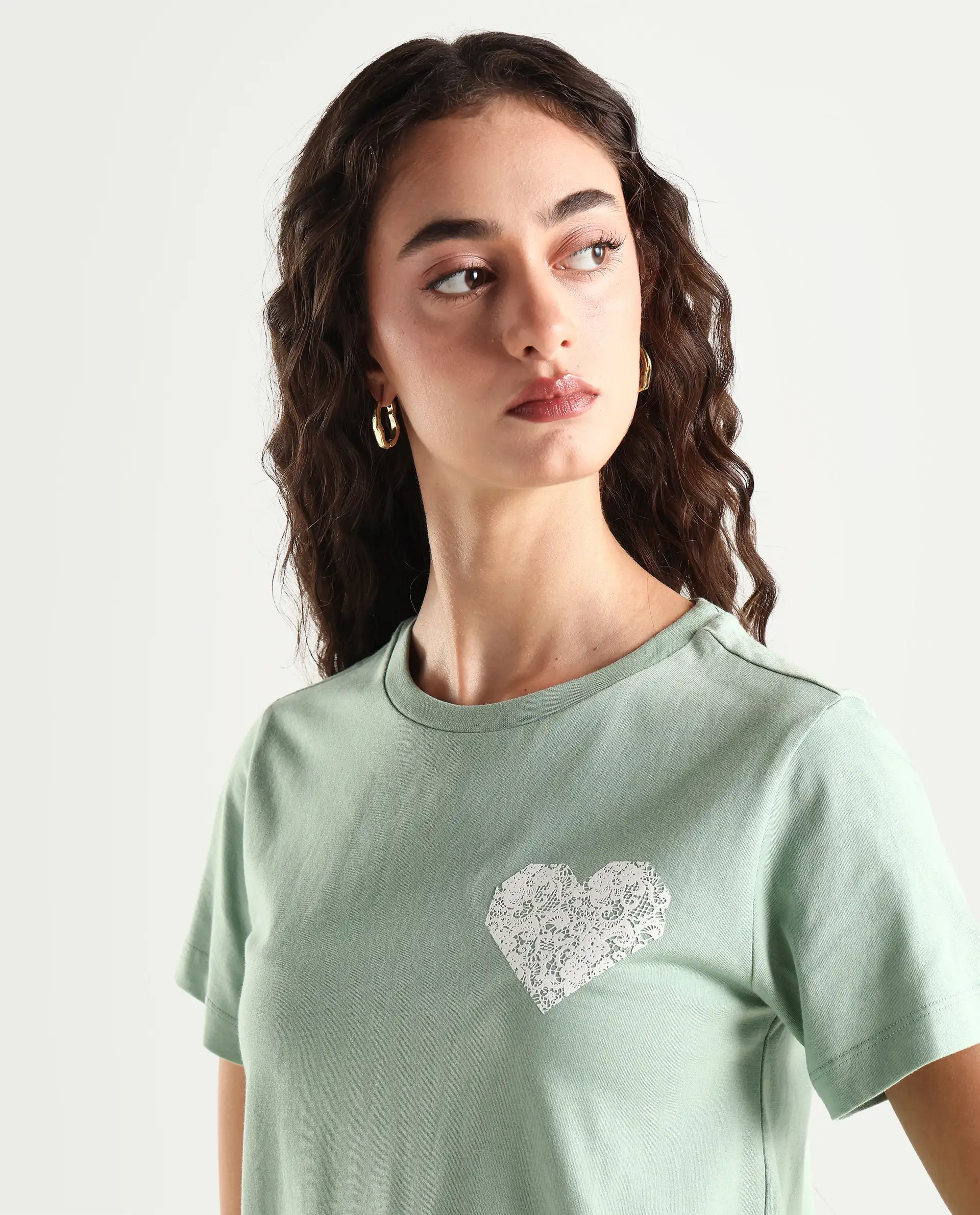 Rareism Women's Ronpel Light Green Cotton Round Neck Abstract Print Regular Fit T-Shirt - Image 4